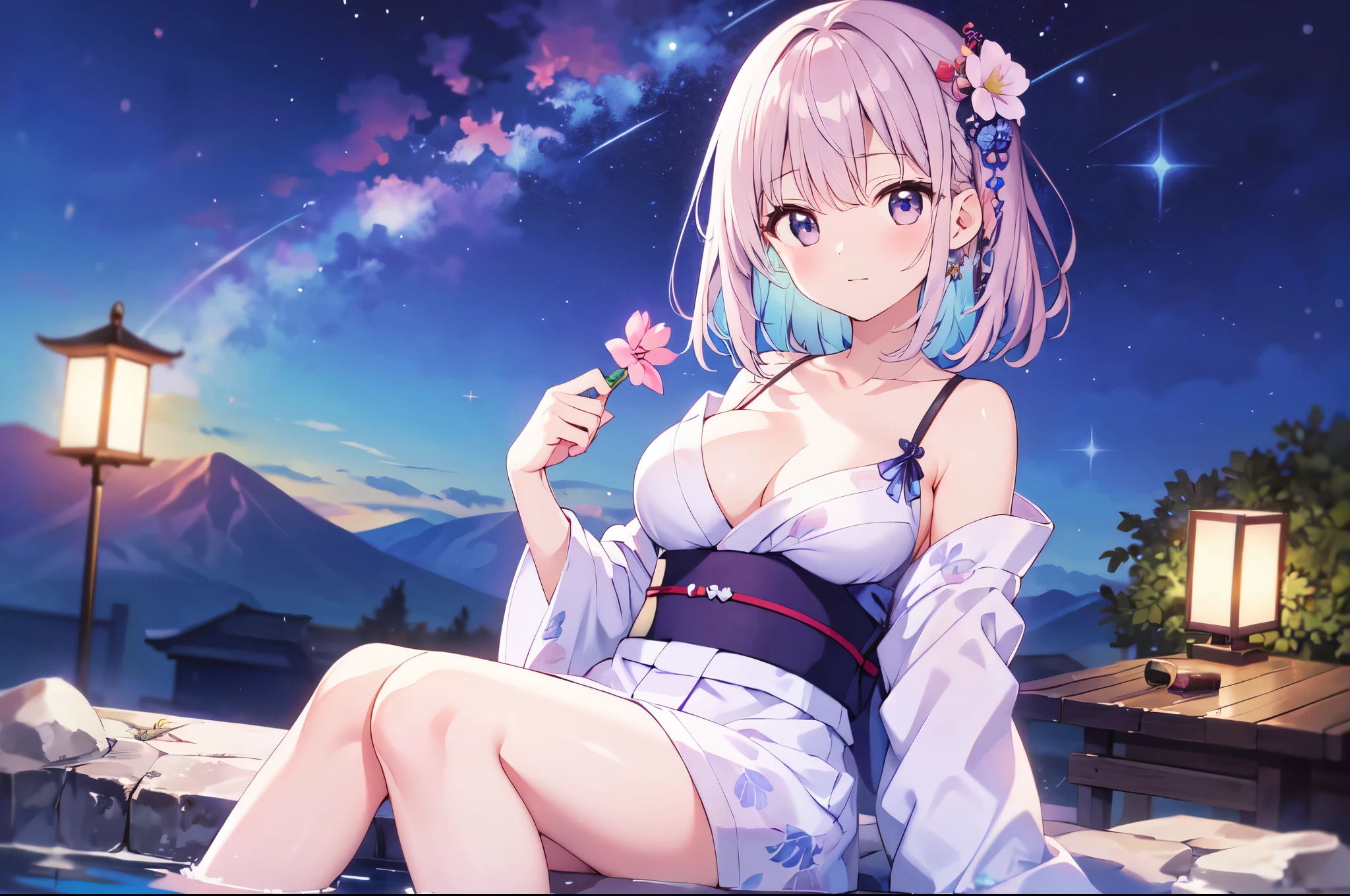 (masterpiece)、(highest quality)、((Super detailed))、(super delicate)、pastel colored hair、beautiful breasts、yukata、Hot spring at night、fantastic starry sky