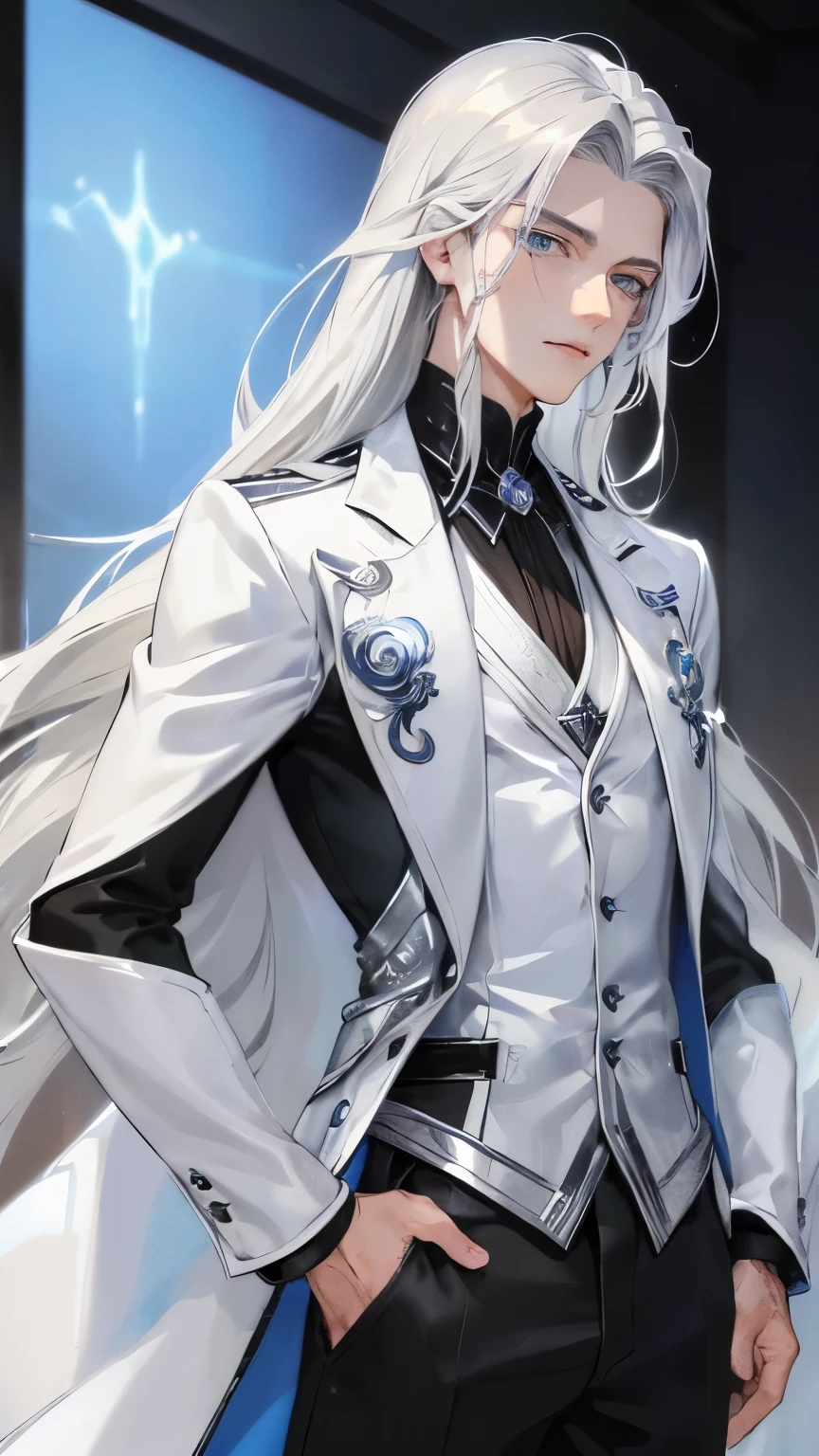 Young man with long silver hair and straight blue eyes, exuding an air of wisdom and charisma. His handsome features are accentuated by the contrast between his youthful face and his silvery locks. With a captivating gaze, he stands alone, emanating a sense of mystery and allure. (masterpiece), (best quality), 1 person, young man.