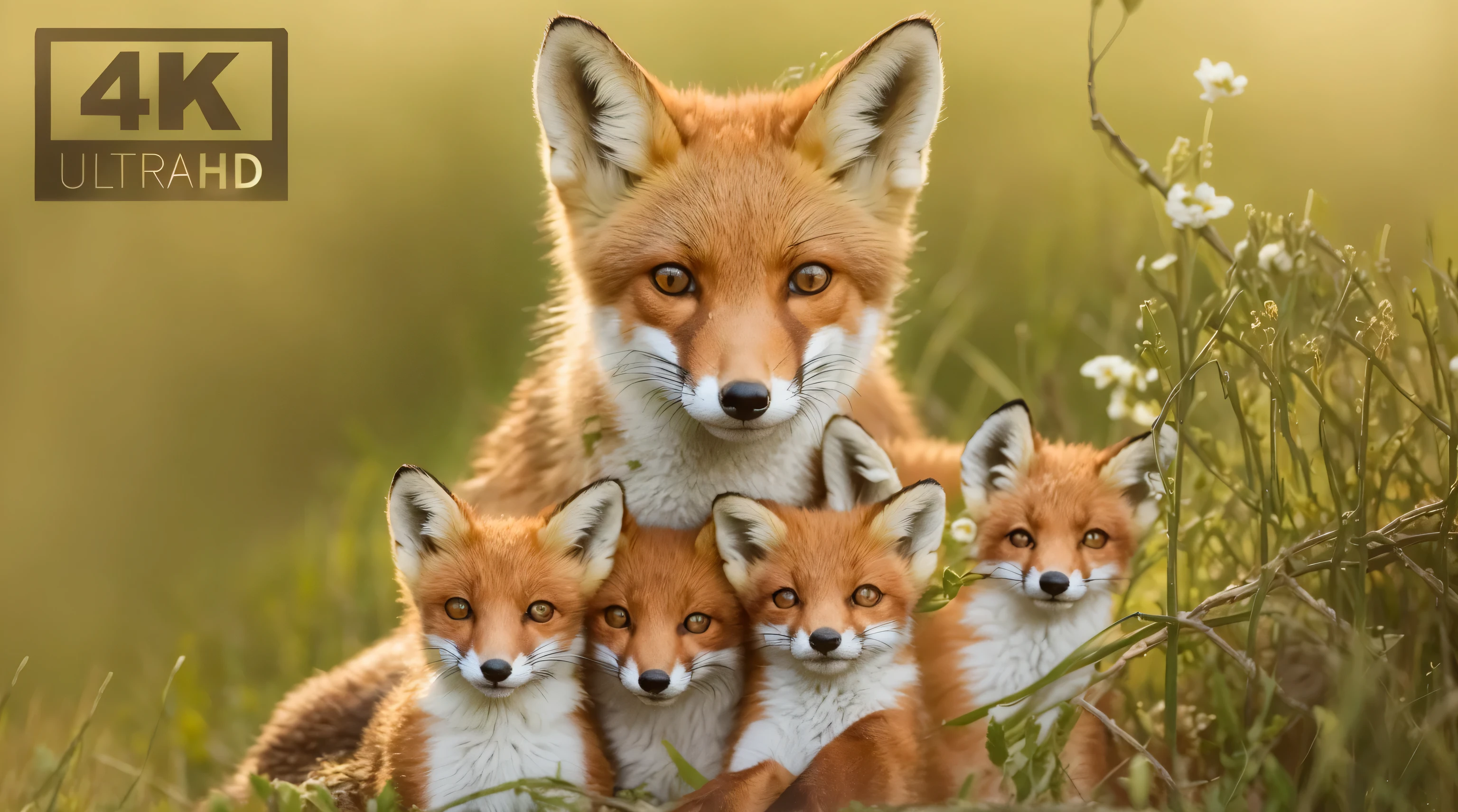 Un renard adulte avec un doux, regard protecteur, surrounded by two fox cubs looking straight ahead. Le renard se tient derrière les petits, les encadrant avec ses pattes. Les trois renards sont au milieu d'un champ d'herbes sauvages, giving off a feeling of calm and tranquility. Fox fur details are sharp, soulignant leur chaleur, Couleurs naturelles. Their eyes are captivating and seem to reflect wisdom. L'blurred background highlights main subjects.