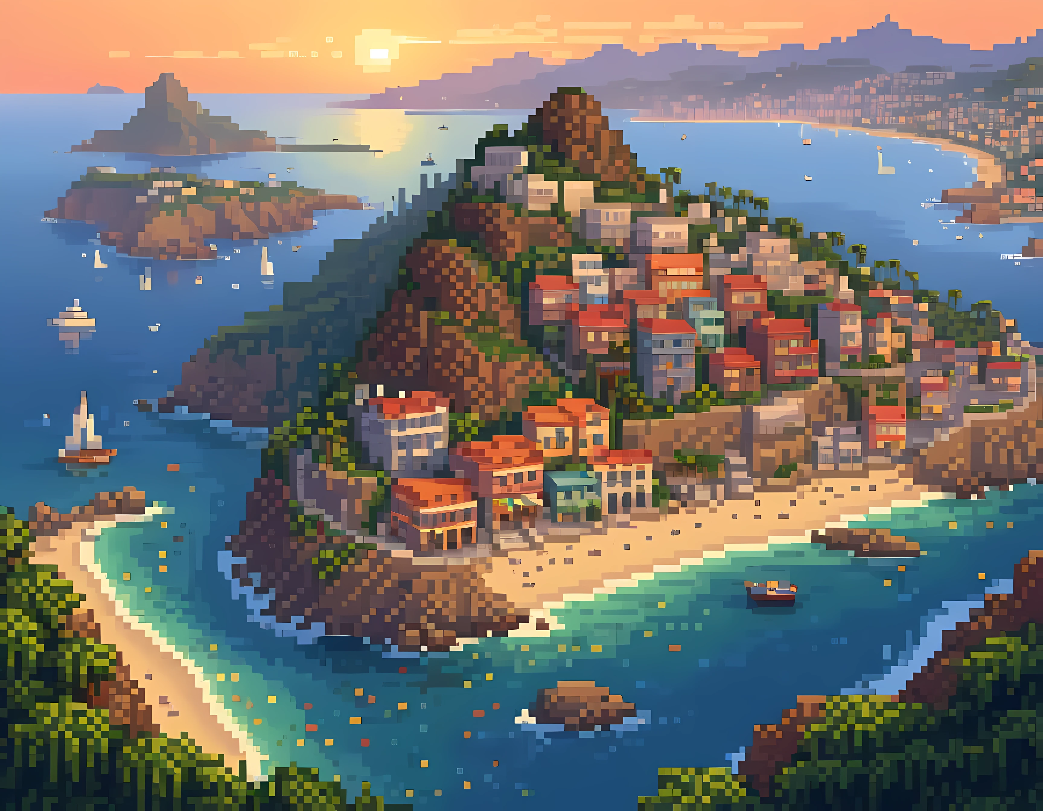 Pixel art, masterpiece in maximum 16K resolution, superb quality, a stunning ((aerial view)) of a coastal city nestled between mountains and the ocean, iconic landmarks, vibrant neighborhoods, golden hour lighting and atmospheric haze to create a sense of depth and dimension, intricate details of the buildings and streets, harmonious color scheme. | ((More_Detail))