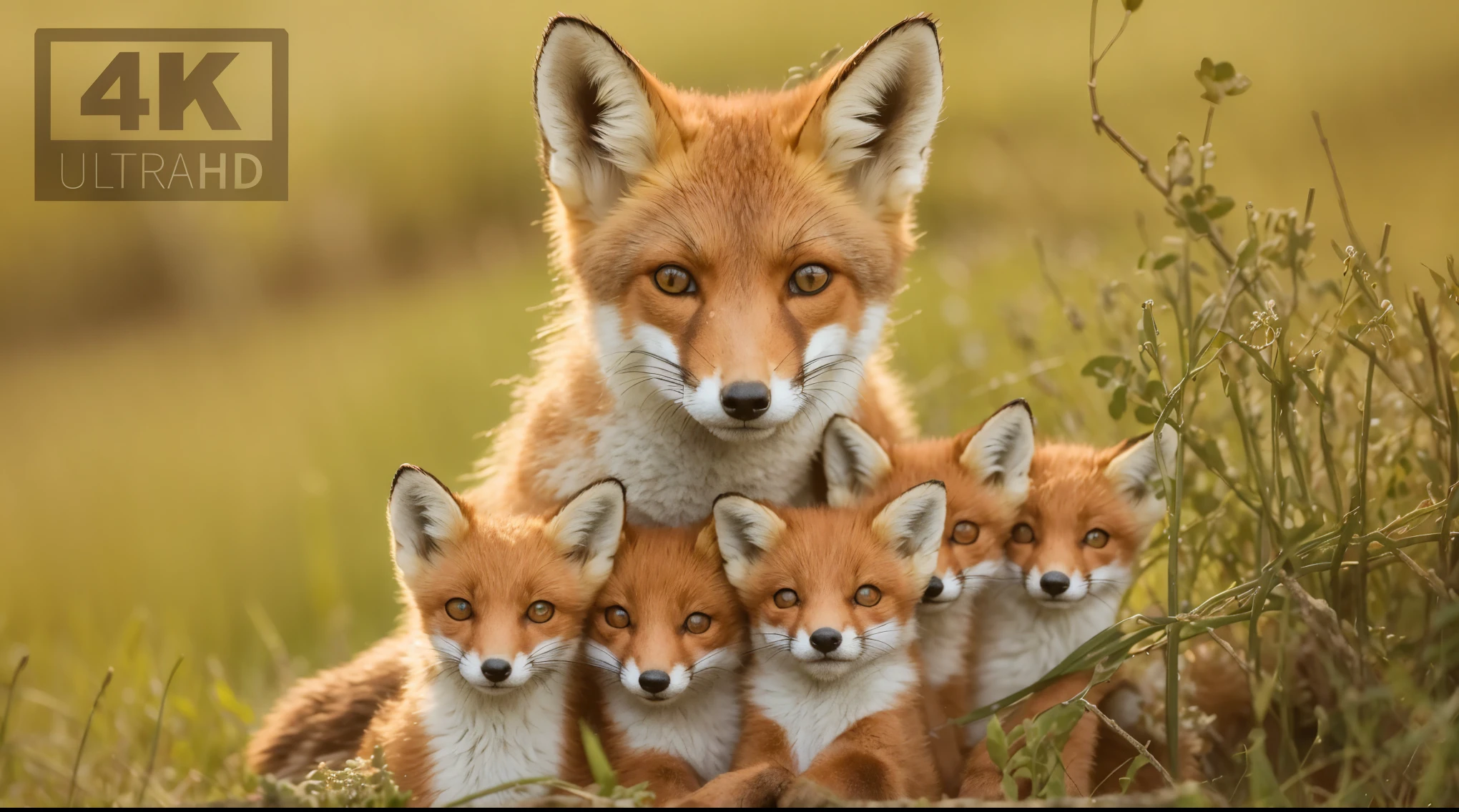 An adult fox with a soft, protective gaze, surrounded by two fox cubs looking straight ahead. The fox stands behind the young ones, framing them with her paws. All three foxes are in the middle of a wild grass field, exuding a sense of calm and tranquility. The details of the foxes' fur are crisp, highlighting their warm, natural colors. Their eyes are captivating and seem to reflect wisdom. The blurred background emphasizes the main subjects.





