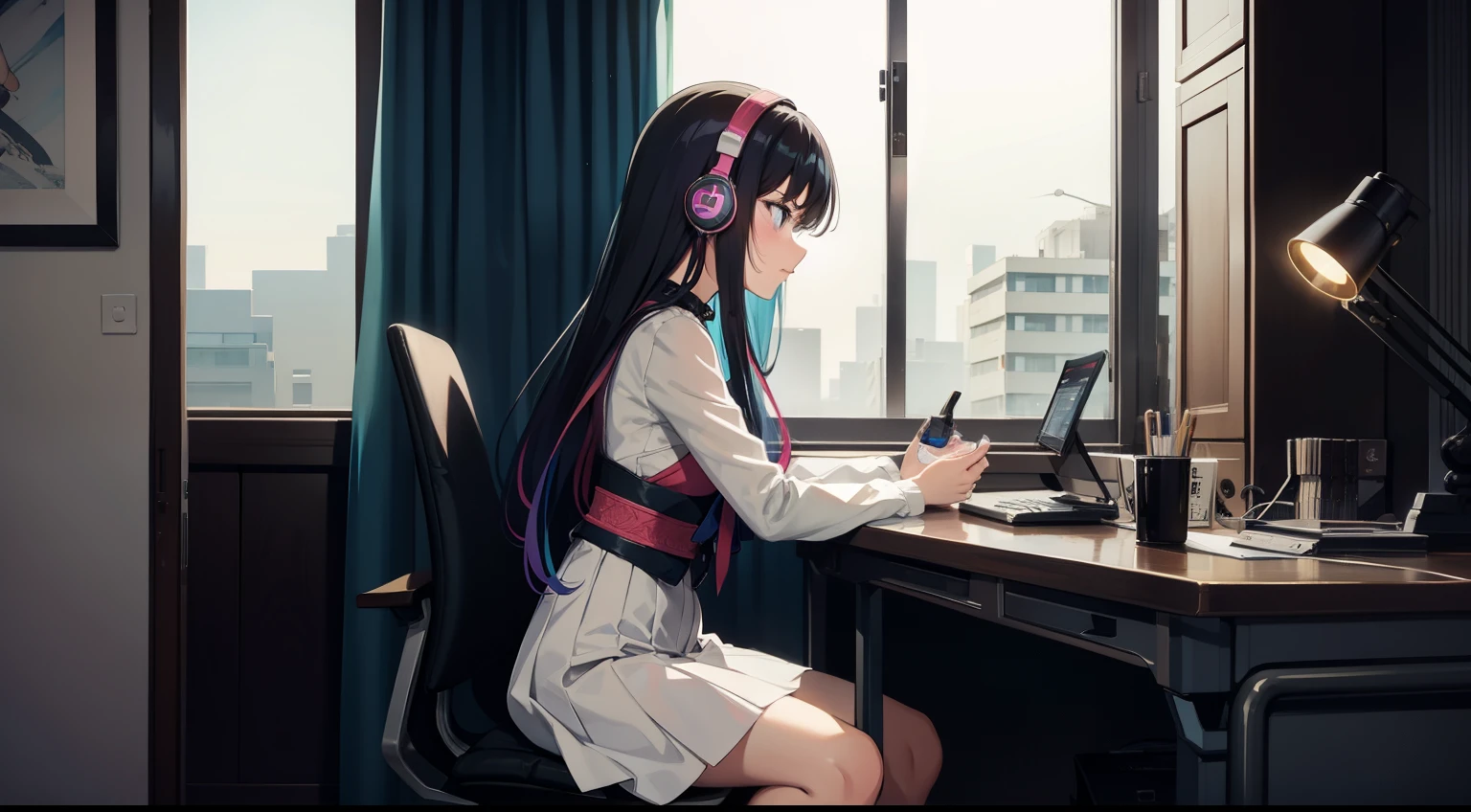 Anime-style girl sitting next to a stylish desk, Completely absorbed in the music playing from her headphones, Her eyes were closed in bliss, Her body gently swaying in time with the melody, Convey a deep sense of musical immersion and tranquility, digital artwork, Focuses on the girls' costumes and intricate details of their surroundings, Use a vibrant color palette, --16 pieces:9-5 o&#39;clock