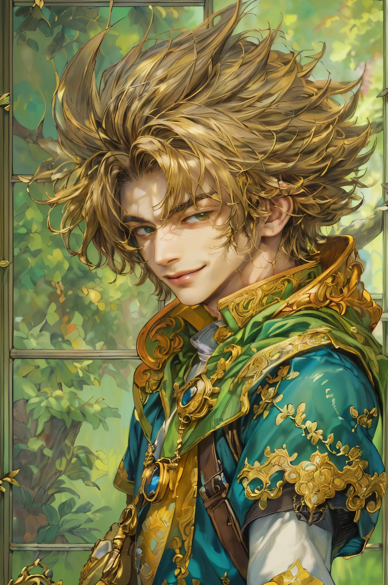 (((absurdres, highres, ultra detailed, perfect face), 1 male, front view, , handsome boy villain character from legend of mana, short hair, anime eyes, casual clothes with colorful details, eyes on the viewer, add red details to picture and smirk, dimples, extremely detailed CG unity 8k wallpaper, add blue details on side, intricate details and add yellow details on left, detailed interior item shop, weapon ornaments on walls, beside the window, detailed scenery