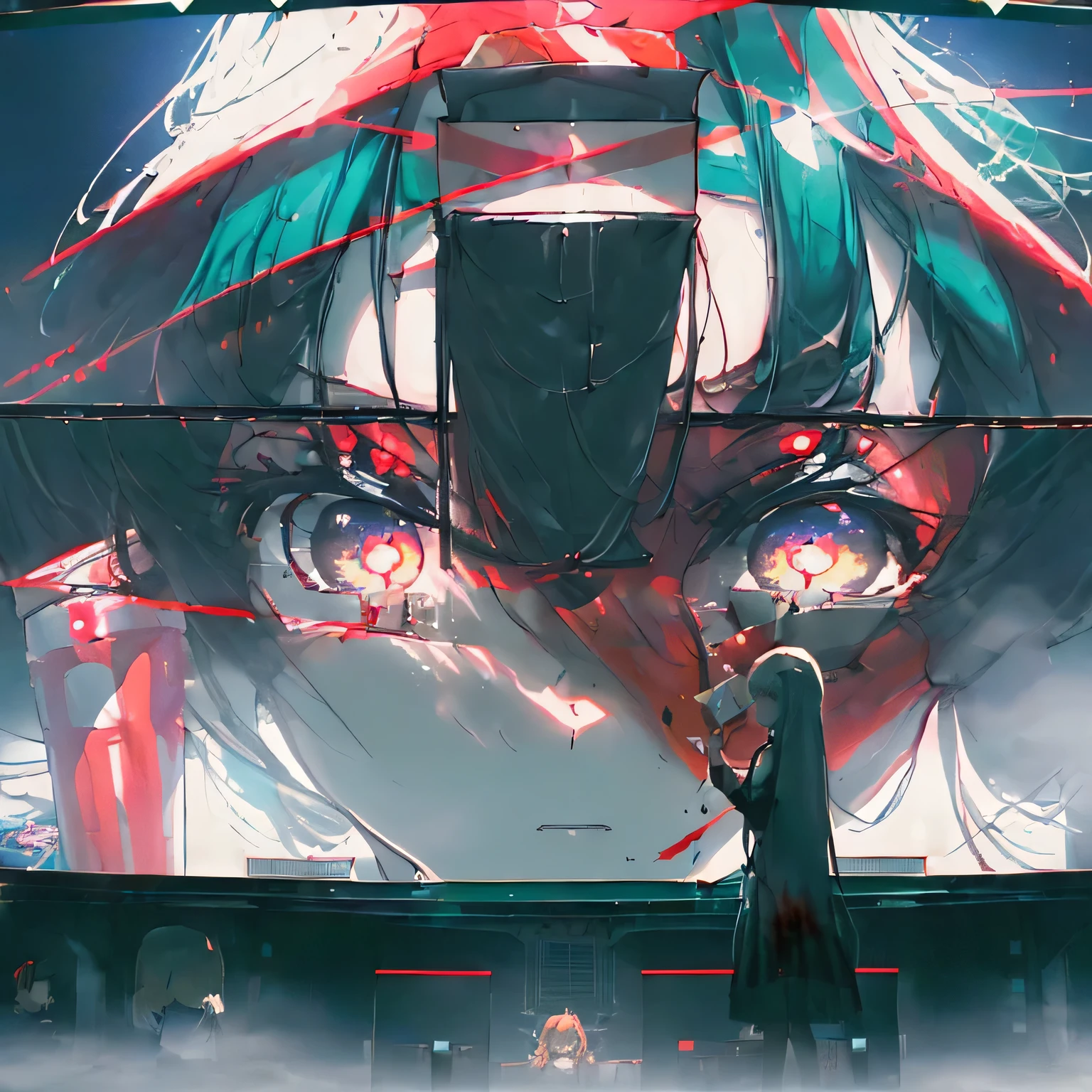 Reflect tooltip: женщина с красными eyeами стоит перед окном, trending on pixiv, there'that scary atmosphere behind her., panoramic view of the girl in the center, Anime lighting, forced witness, Glass lid, Heavy makeup, (screens),Beautiful silhouette of a girl with blood particles floating around her, illuminated by a flickering television monitor, which displays the mesmerizing image of an anime girl.,Conveying a sense of mystery and intensity,from a famous anime artist, with a dark and atmospheric background filled with screens and displays, but catches the viewer'eye,(very long hair),(full width cinema screens and displays:1.4),(giant cinema screens and displays:1.6),(Bring your face closer:1.3), ((focus on the face:1.3)),((there are girls in giant cinema screens and displays:1.9)), ((fog:1.8)), (heavy fog 1.2), (soft drops of blood, tears), ((dark colors 1.6))