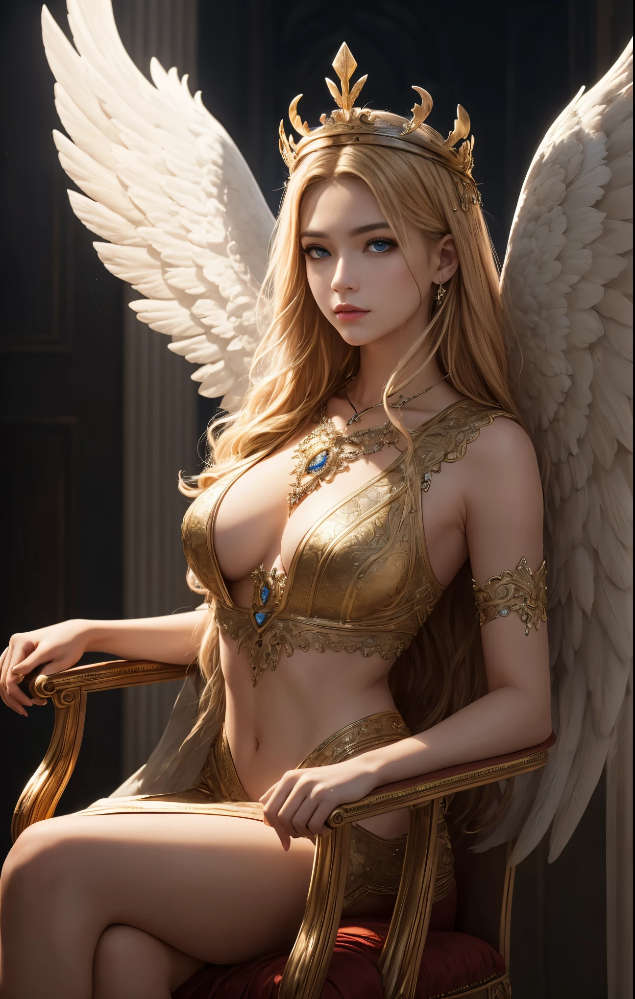from below:1.3,front focus:1.5,（(Zeus motif,god of greek mythology)）Realistic waist up photo,blond long hair,Rin々new beard,blue eyes,（(1 man)）,（(solo)）,（(Sitting in a gorgeous chair)）,BREAK（(Hello,Circle of angels overhead)）,Winged god crowned with a bright halo,（(angel wings on your back,symmetrical angel wings,luminous angel wings)）:1.5）, （(Wearing gorgeous clothes that flutter in the wind)）,（(heaven theme)）,（(Fantastic Light and Shadow)）, ((masterpiece)).  professional photography, super sharp focus,8K nicon RAW写真, highest quality, super detailed, 8k, intricate details, down to the last detail, Detailed rendering, realistic details.  fine hands, perfect eyes, detailed face,Lens Flare,looking at viewer,BREAK（(fantastic background,heaven theme)）