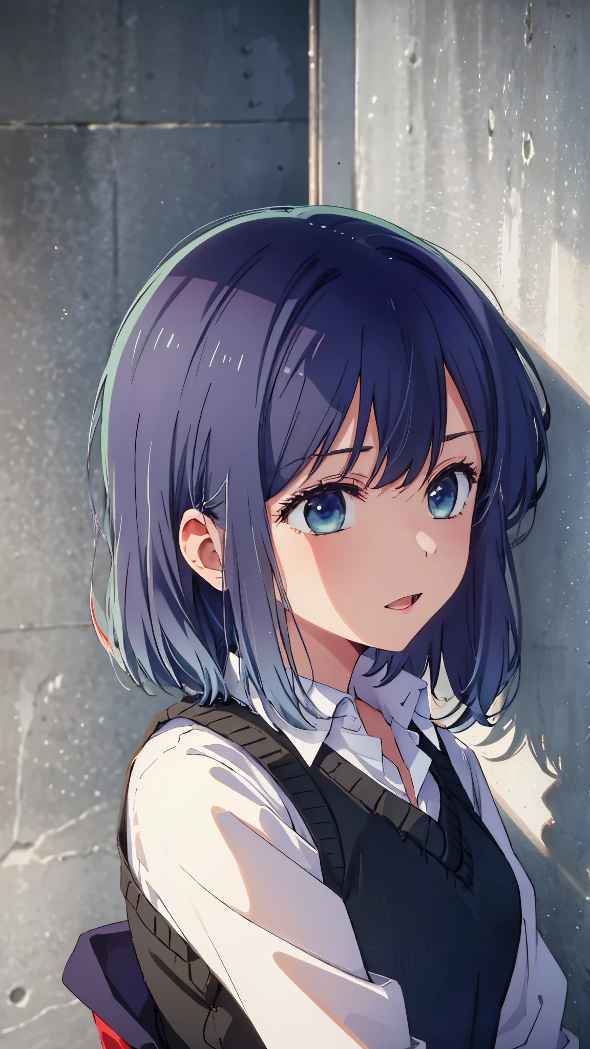 beautiful lighting, 1 girl, alone, Akane, white shirt, sweater vest, black vest, blue tie, ((anime style))、((2D))、laughter、open your mouth