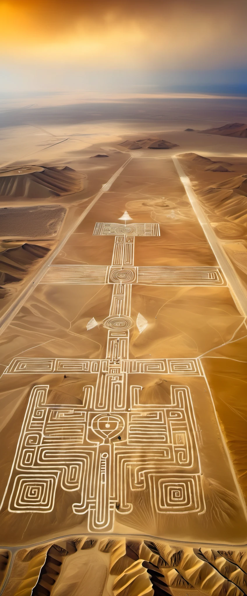 Aerial View/Aerial View, Nazca Giant Paintings, Nazca Lines, In the Gulf of Paracas, Peru, looking down on the land of Nazca from a height of thousands of meters, one is amazed to find, in this desolate, barren land,Abstract Egyptian Sphinx line drawing, a portrait of a man: he is staring with his eyes, his right hand outstretched, In addition, there are paintings of various geometric shapes: straight lines, crossed lines, rectangles, and triangles.Nazca is located in the Andes Mountains of Peru,What makes Nazka famous is the Nazka Lines, which are known as the mysteries of the world.,background:floating transparent clouds
