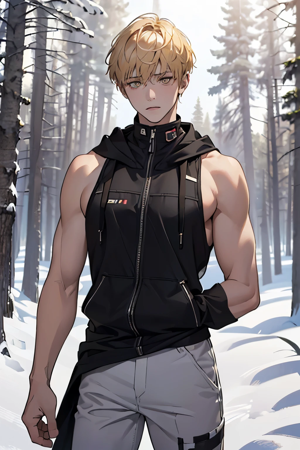 (best quality,4k,8k,highres,masterpiece:1.2),ultra-detailed,(realistic,photorealistic,photo-realistic:1.37),adolescent,15-year-old boy, yellow eyes,blonde short hair with bangs, Russian nationality,white camouflage pants,black sleeveless hood, serious look, muscular, snowy forest background