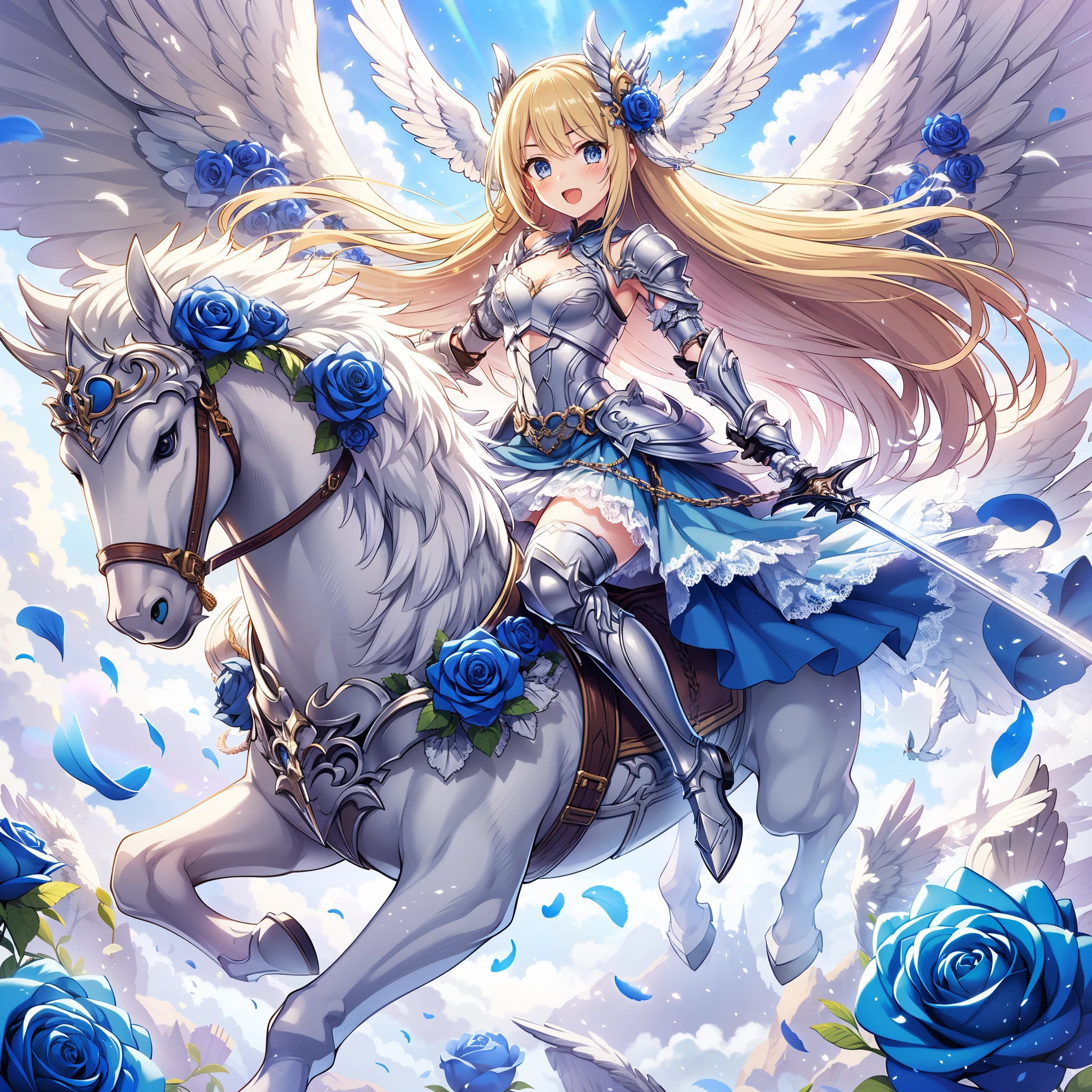 (masterpiece), best quality, 1girl, A beautiful young girl with long blonde hair wearing a blue skirt and white heavy armor, riding on a white Pegasus. The girl raises the sword in her hand and shouts, the Pegasus raises its front feet high in the air, and the Pegasus spreads its white wings in the air. Winged head gear, armor decorated with blue roses, sword decorated with blue roses. Pegasus, winged horse, feathers flying apart. Sacred light, blue sky and clouds, noble and elegant, glittering, fantasy art