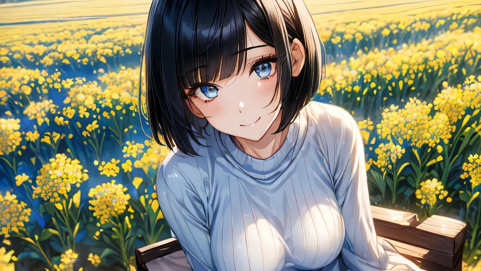 1 female、28 years old、Adult-like, realistic face、long face、beautiful hair, black hair、shortcut、bob cut、Are you okay and beautiful eyes、big slanted eyes, Are you okay、A big smile full of softness、light blue knit sweater、Sitting alone in a field of rape blossoms、The camera is looking from almost directly above..