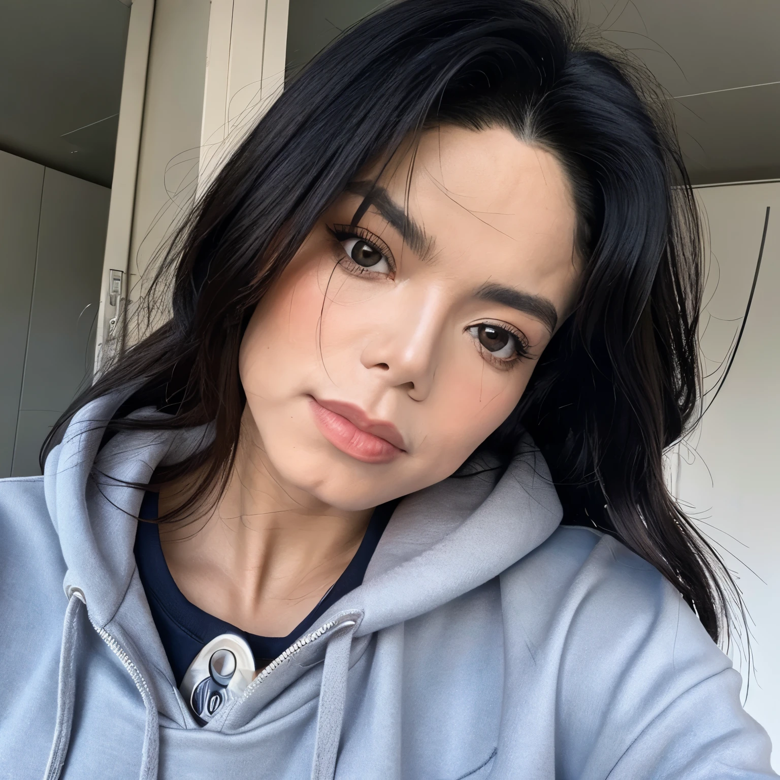 Michael jackson、Photo from an oblique angle、beautiful face、wearing a navy hoodie