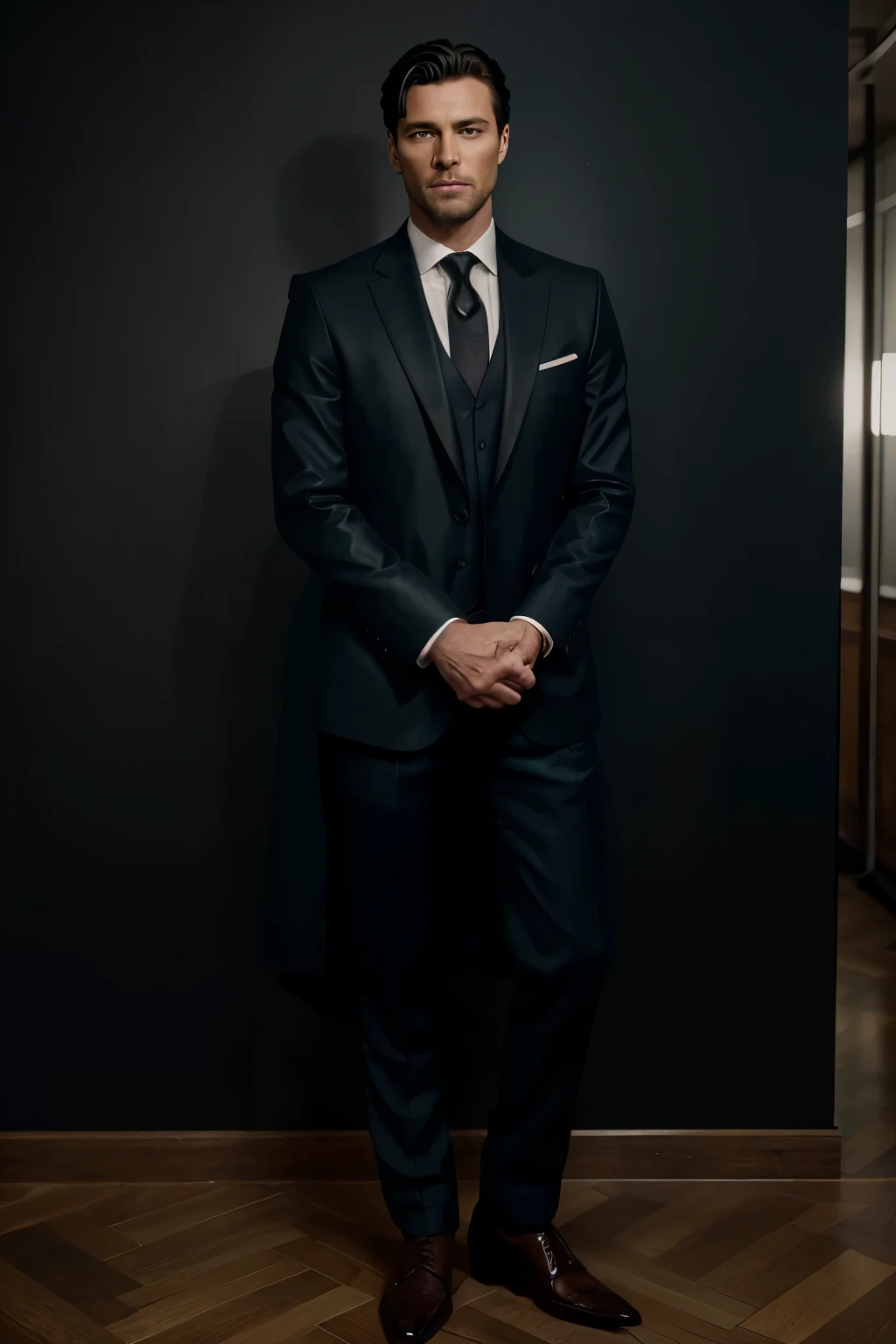 A 40-year-old handsome German man, dressed in a curse of perfectly tailored suits, stands confidently in front of a backdrop of a prestigious advertising set for a tailoring shop. With a cinematic and realistic portrait, the image exudes an exceptional quality and hyperrealistic details, capturing every intricate curve and line of his chiseled features. The sharpness of the 8K image showcases his piercing blue eyes, defined jawline, and each strand of his jet-black hair. The leather shoes he wears add a touch of sophistication to his outfit, completing the polished look. The high-definition 8K image leaves no detail overlooked, revealing the