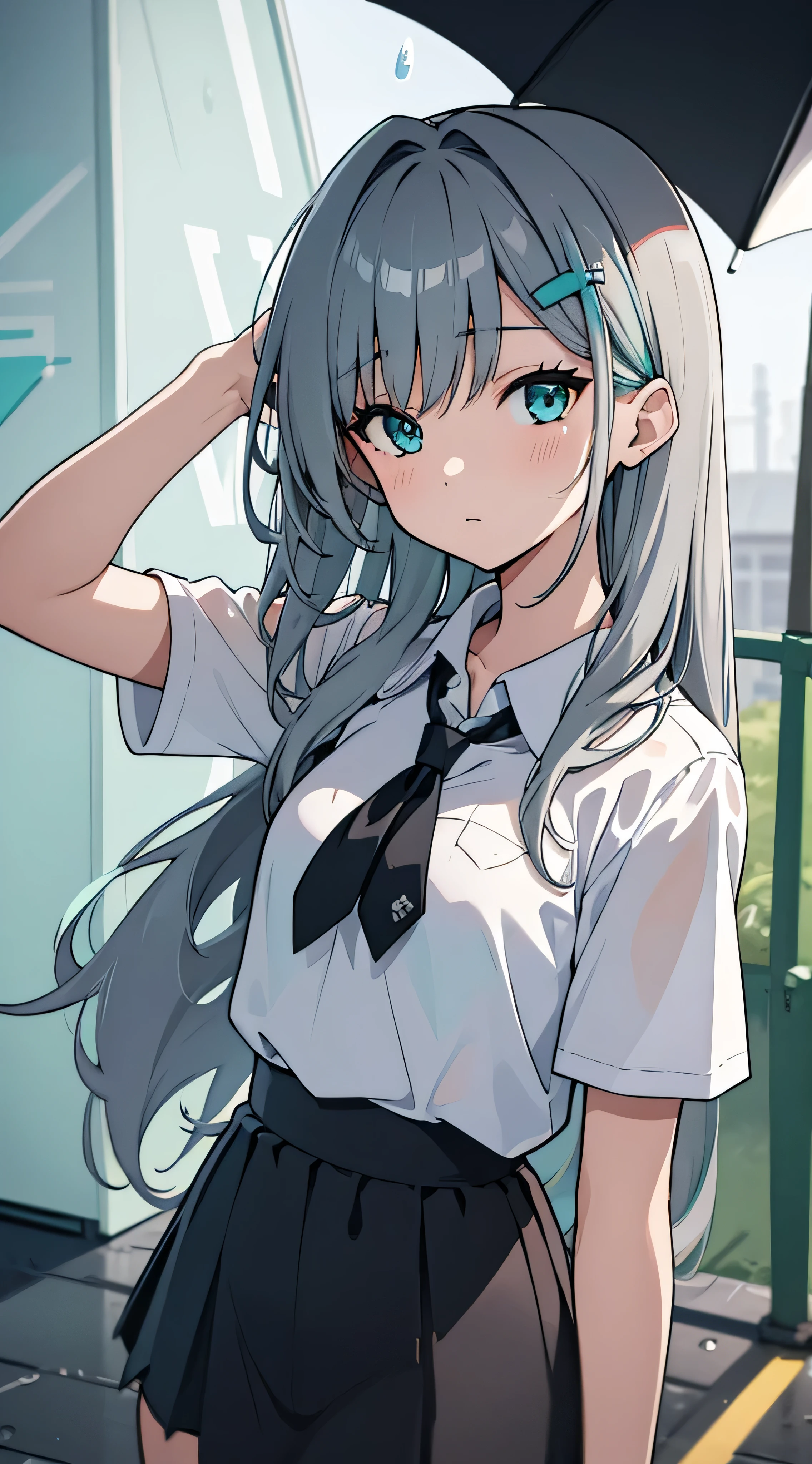 art by Cornflower, dready (A  girl with beautiful detailed eyes, long hair, grey hair, aqua eyes). (Young girl , cute girl). Medium breast.  Wet hair. Wet White T - shirt. black hair Clip.The depth of field in the photo is perfect and the lens flare adds a nice touch. The fine details on her face really stand out, score because of this photo Definitely greater than 10. Rain, wet road