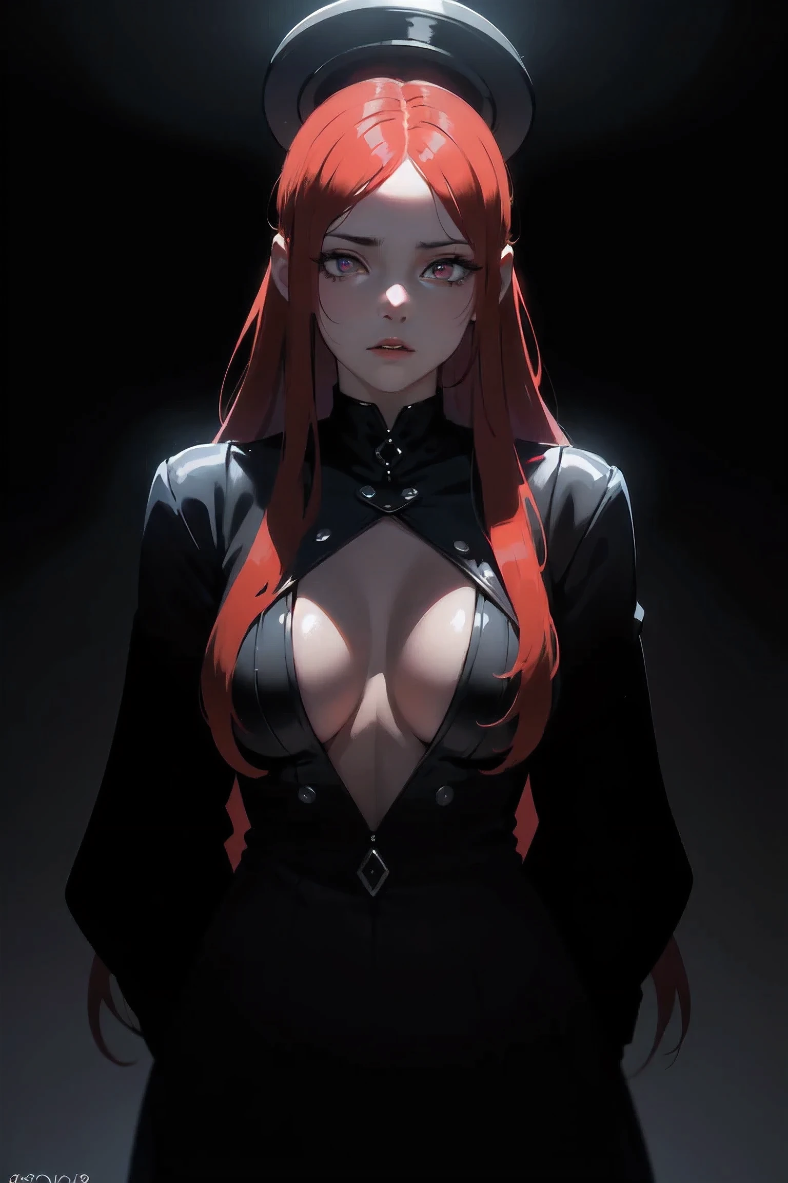 (best quality, 8k, very detailed:1.2), realistic, dark fantasy, bright colors, Portrait, red hair, full body view, low cut shape, Beautifully detailed eyes, Beautifully detailed lips, Sharp focus, dark atmosphere, dark background, glowing eyes, intense expression, mysterious, charming, elegant, all black outfit, Long, flowing hair, Sensitive features, charming, Powerful presence, soulful, Fascinating, haunt, impersonal, incredible light