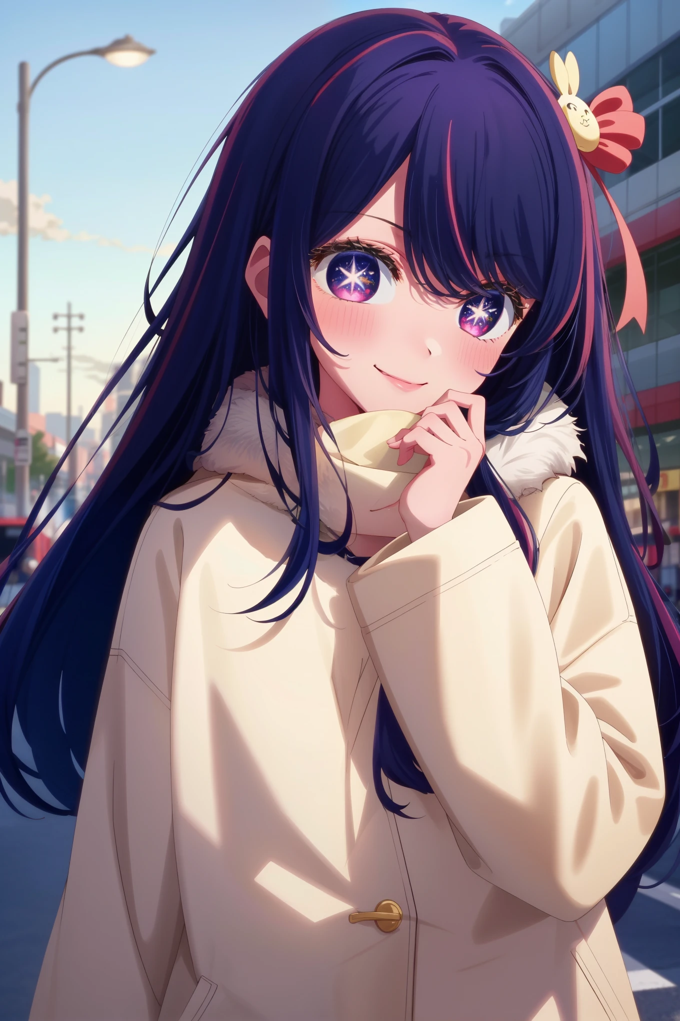 masterpiece, highest quality, 8k, ultra high resolution, highest quality, anime style, best writing, beautiful face, anime style, best lighting, beautiful face, (1 girl), Ai Hoshino, Six-pointed star in the eye, (Colorful atmosphere), blush, cute style, saturated colors, Ai Hoshino, Big eyes, Eyes of Fantasy, purple hair, best smile, blush, hair accessory, white fur coat, denim pants, red muffler, upper body, In town, In front of the station, Shibuya, Midwinter, white breath