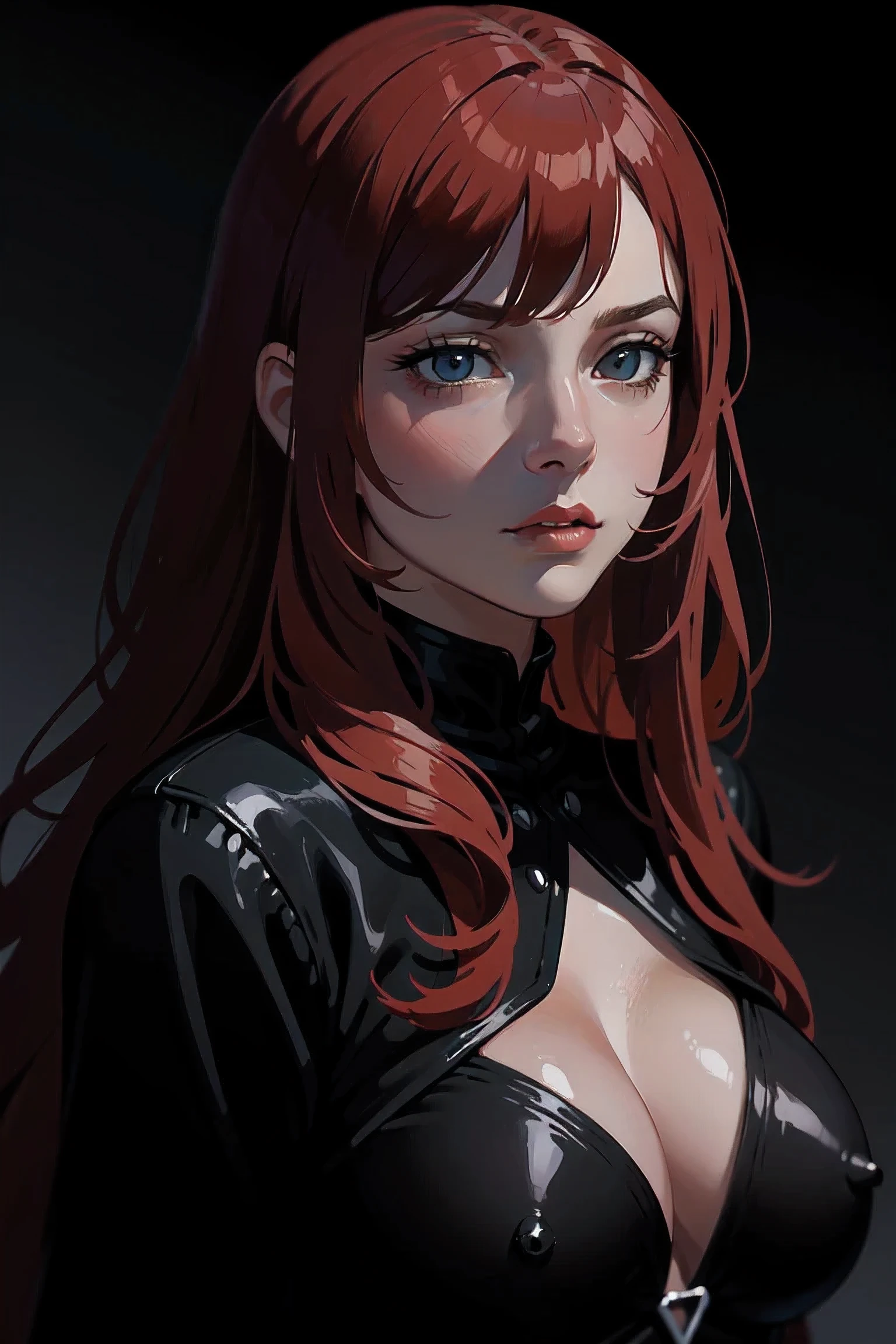 (best quality, 8k, very detailed:1.2), realistic, dark fantasy, bright colors, Portrait, red hair, full body view, low cut shape, Beautifully detailed eyes, Beautifully detailed lips, Sharp focus, dark atmosphere, dark background, glowing eyes, intense expression, mysterious, charming, elegant, all black outfit, Long, flowing hair, Sensitive features, charming, Powerful presence, soulful, Fascinating, haunt, impersonal, incredible light