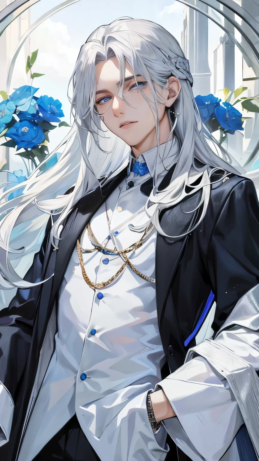 A young man with long silver hair and straight blue eyes, Create an atmosphere of wisdom and charisma. his handsome face、like々It is emphasized by the contrast between the young face and silver hair.。. with a fascinating look, he stands alone, Create a sense of mystery and charm. (masterpiece), (highest quality), 1 person, like者，clothes are falling apart