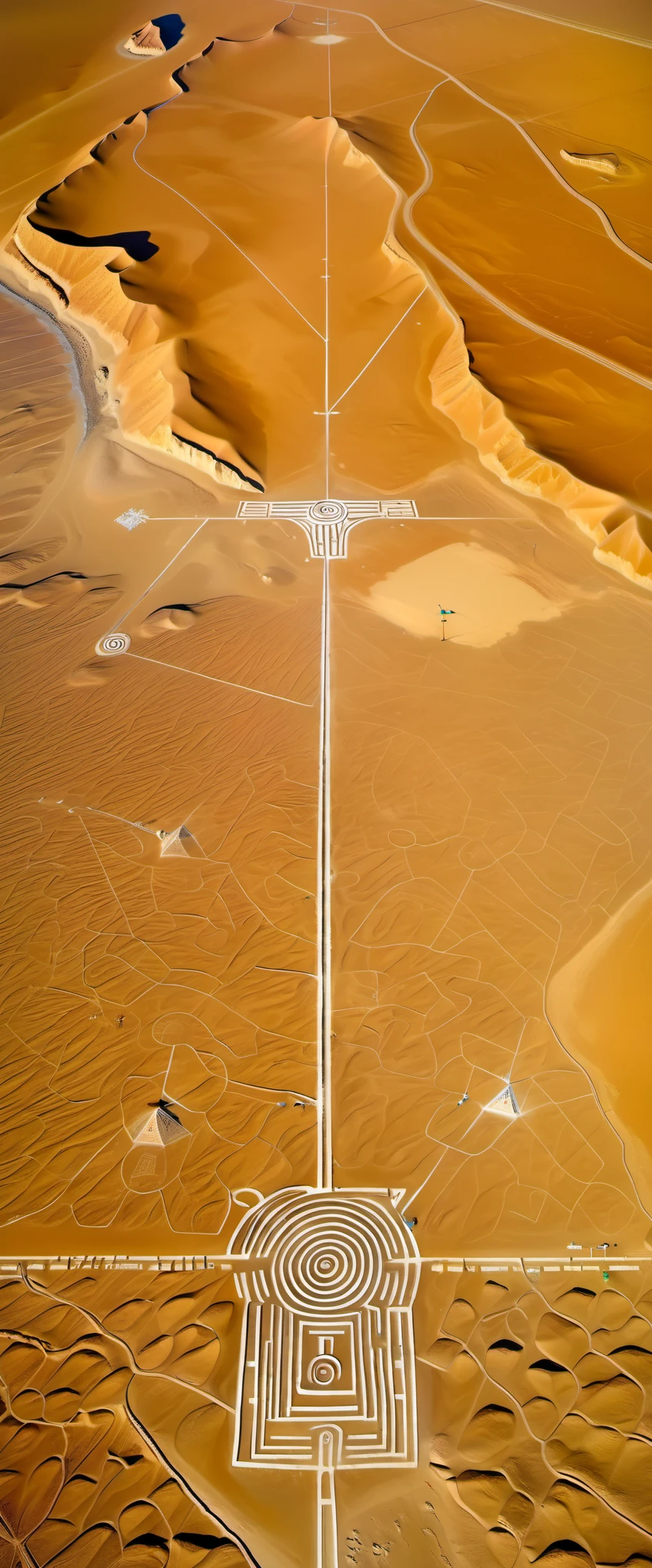 Aerial View/Aerial View, Nazca Giant Paintings, Nazca Lines, In the Gulf of Paracas, Peru, looking down on the land of Nazca from a height of thousands of meters, one is amazed to find, in this desolate, barren land,Abstract Egyptian Sphinx line drawing, a portrait of a man: he is staring with his eyes, his right hand outstretched, In addition, there are paintings of various geometric shapes: straight lines, crossed lines, rectangles, and triangles.Nazca is located in the Andes Mountains of Peru,What makes Nazka famous is the Nazka Lines, which are known as the mysteries of the world.,background:floating transparent clouds