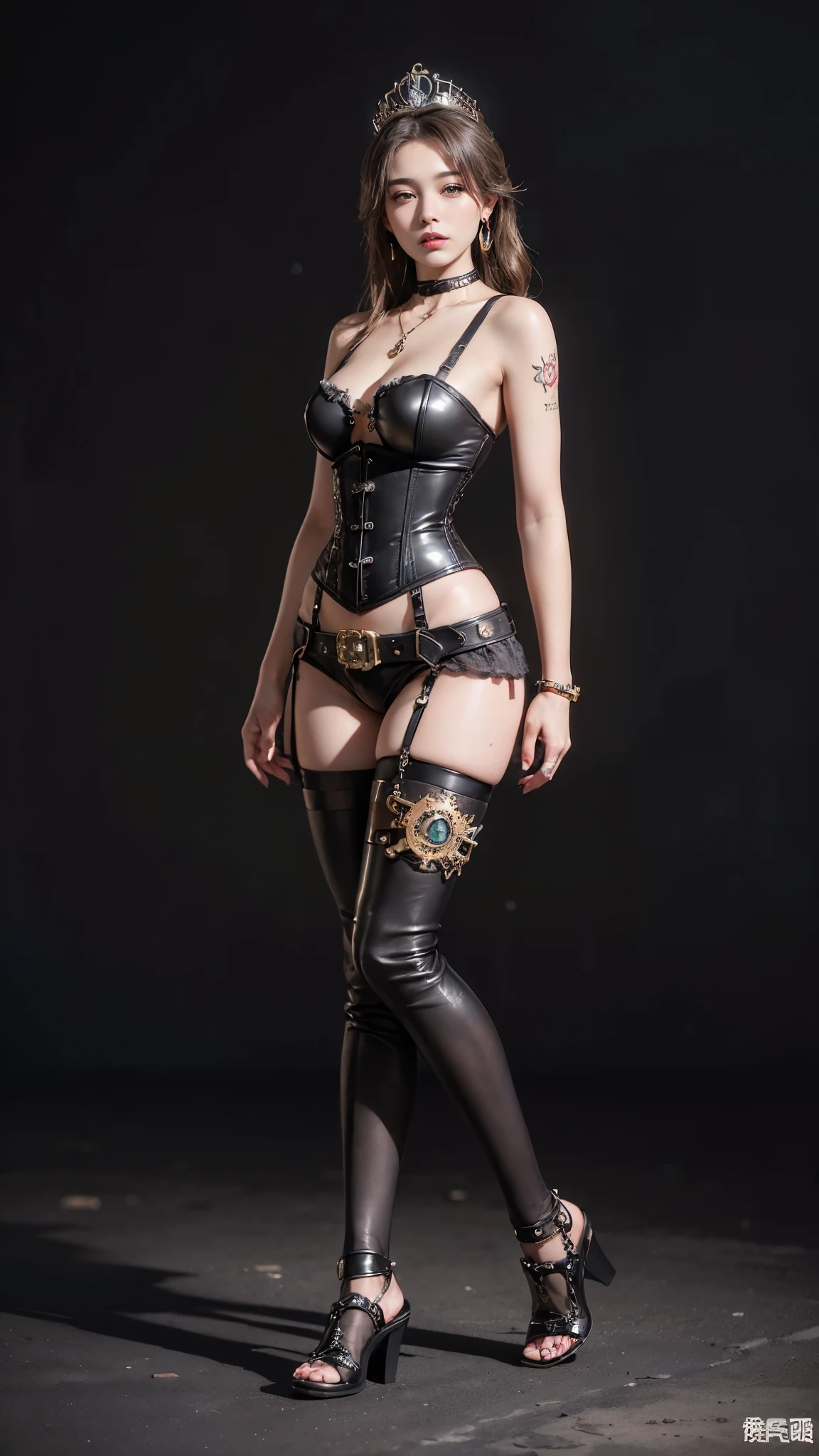 ((masterpiece:1.4)、(highest quality:1.4)、(realistic:1.7))、master piece:1.4、(Finest rendering:1.4)、(steampunk:1.4)、Ultra-realistic portrait of Queen Quito、The beautiful queen of Kaval, a remote galaxy planet.、super pretty girl queen、((1 girl:1.4))、Shiny natural skin texture、(Luxurious shiny leather:1.4)、(黒い革の衣装を着たsteampunkの女王:1.4)、steampunkなピンナップガール:1.4、steampunkな美少女、steampunkの衣装を着たかわいい女の子、(black leather corset:1.4)、garter belt、(Please wear a harness that fits your body:1.4)、(black leather super teampunkルーム、steampunkサイバーパンク、詳細なsteampunkの衣装に身を包んだ:1.4、(Attire that emphasizes beautiful breasts:1.4)、19 years old、(cute tattoo:1.4)、(perfect female body:1.4)、perfect proportions:1.4、girl portrait photography:1.4、8k、realistic photo images:1.4、(standing:1.4)、(Full body photo:1.4)、fantasy art、soft front light、beautiful face、beautiful breasts、big breasts:1.2、sexy butt、detailed eyes、beautiful and attractive eyes、beautiful eyes、narrow waist、(9 life size beautiful style girl)、(Beautiful girl with long legs and good style:1.4)、beautiful feet、Raw photo、red lips、red high heels、(tiara:1.4、choker:1.4、necklace:1.4、earrings:1.4)、1 screen display、steampunkな宮殿に立つ超美人女王
