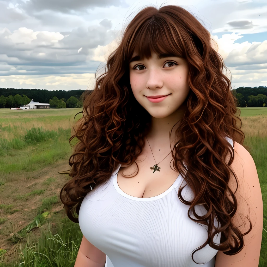 18-year-old American teenager, (curly dark auburn hair), long bangs, (long hair), (tall), (long legs), (big giant enormous oversized massive huge colossal breasts), outdoors