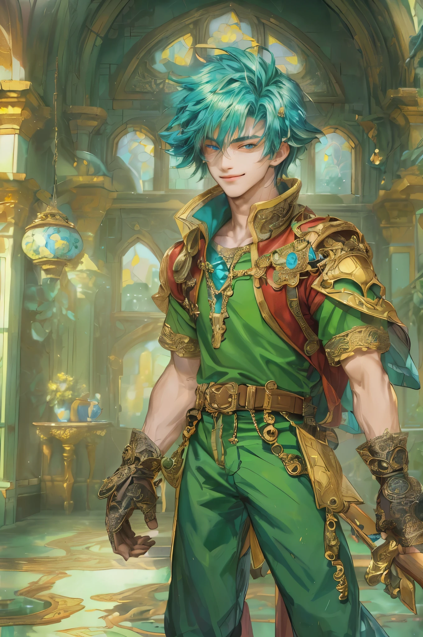((absurdres, highres, ultra detailed, perfect face), 1 male, front view, teen boy, handsome boy villain character from legend of mana, short hair, anime eyes, casual clothes with colorful details,  eyes on the viewer, add red details to picture and smirk, dimples, extremely detailed CG unity 8k wallpaper, add blue details on side, intricate details and add yellow details on left, detailed interior item shop, weapon ornaments on walls, beside the window, detailed scenery 