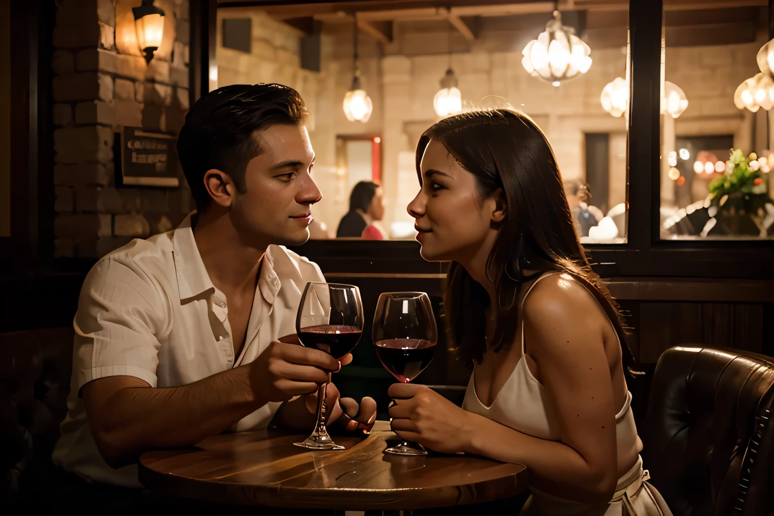 realistic image of "Un primer plano de Andrés y Valeria conversando at the bar. Andres has a playful and confident expression as he suggests the bet., leaning slightly towards Valeria. She looks at him with an amused smile, but with a glint of uncertainty in his eyes. Among them, at the bar, A half-empty wine glass reflects the dim light of the place."