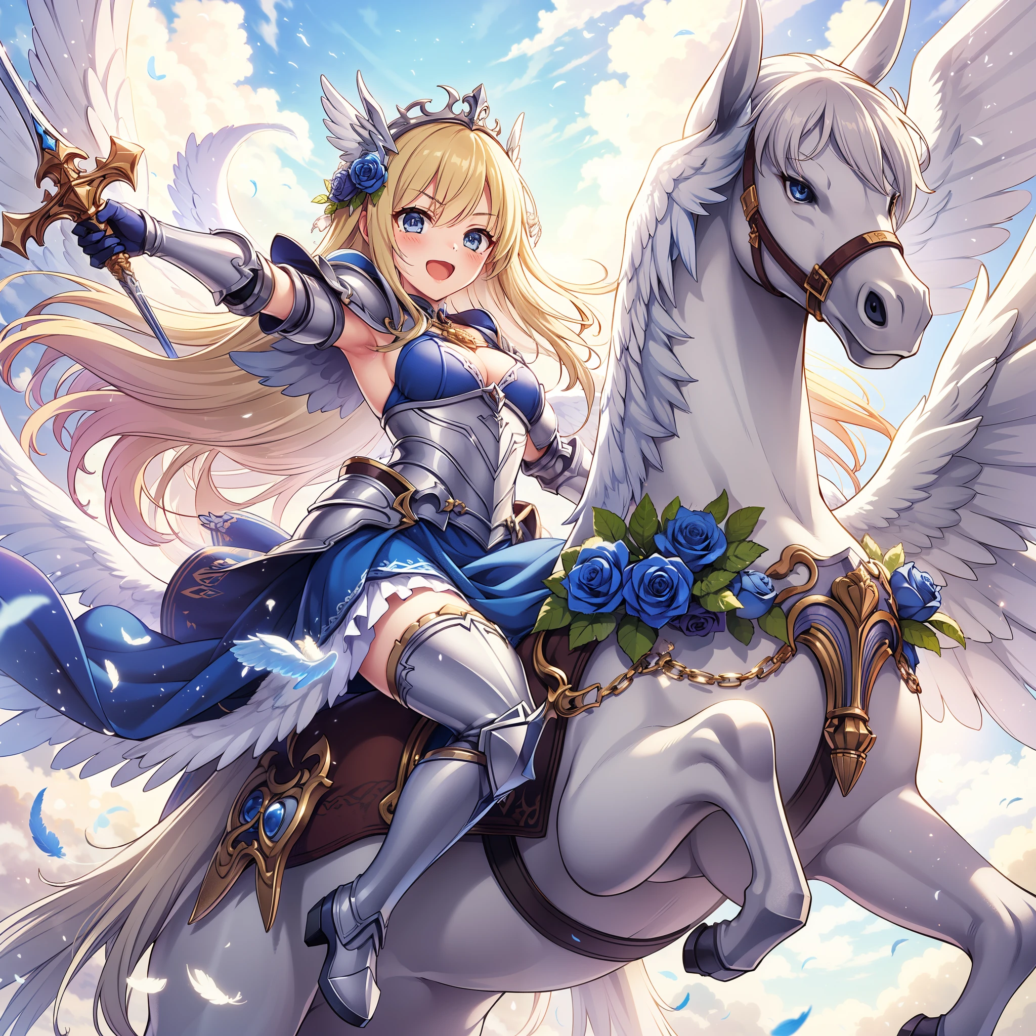 (masterpiece), best quality, 1girl, A beautiful young girl with long blonde hair wearing a blue skirt and white heavy armor, riding on a white Pegasus. The girl raises the sword in her hand and shouts, the Pegasus raises its front feet high in the air, and the Pegasus spreads its white wings in the air. Winged head gear, armor decorated with blue roses, sword decorated with blue roses. Pegasus, winged horse, feathers flying apart. Sacred light, blue sky and clouds, noble and elegant, glittering, fantasy art