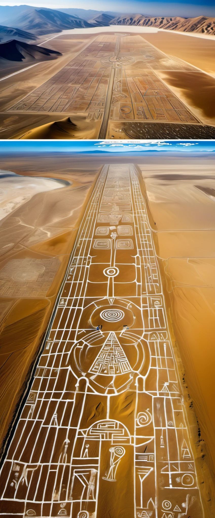 Aerial View/Aerial View, Nazca Giant Paintings, Nazca Lines, In the Gulf of Paracas, Peru, looking down on the land of Nazca from a height of thousands of meters, one is amazed to find, in this desolate, barren land,Abstract Egyptian Sphinx line drawing, a portrait of a man: he is staring with his eyes, his right hand outstretched, In addition, there are paintings of various geometric shapes: straight lines, crossed lines, rectangles, and triangles.Nazca is located in the Andes Mountains of Peru,What makes Nazka famous is the Nazka Lines, which are known as the mysteries of the world.,background:floating transparent clouds