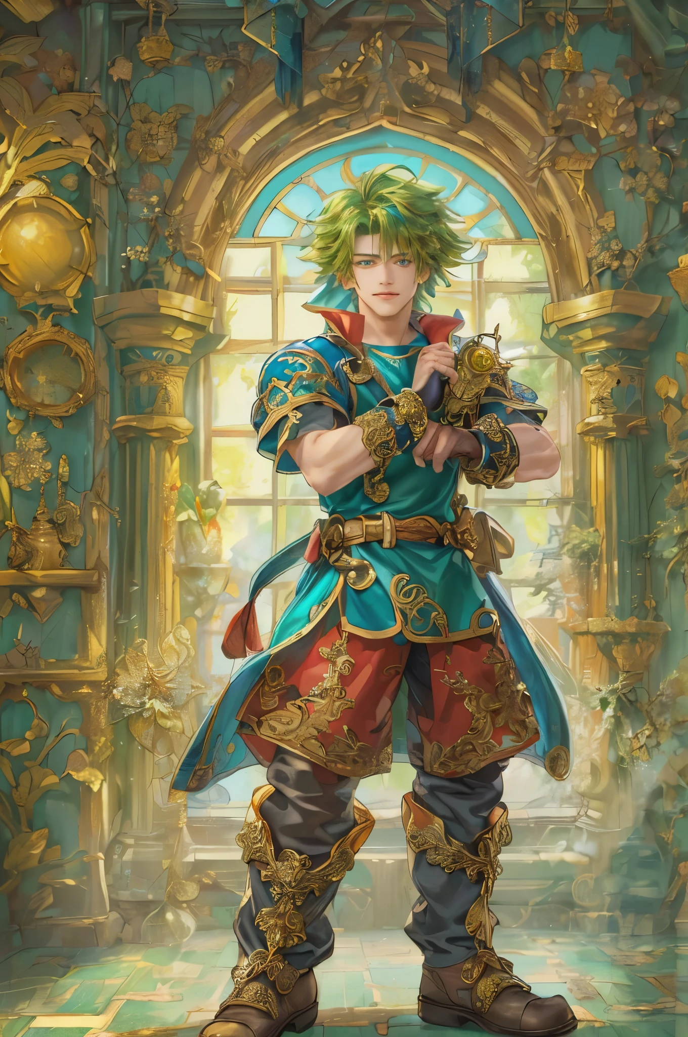 ((absurdres, highres, ultra detailed, perfect face), 1 male, front view, teen boy, handsome boy villain character from legend of mana, short hair, anime eyes, casual clothes with colorful details, eyes on the viewer, add red details to picture and smirk, dimples, extremely detailed CG unity 8k wallpaper, add blue details on side, intricate details and add yellow details on left, detailed interior item shop, weapon ornaments on walls, beside the window, detailed scenery