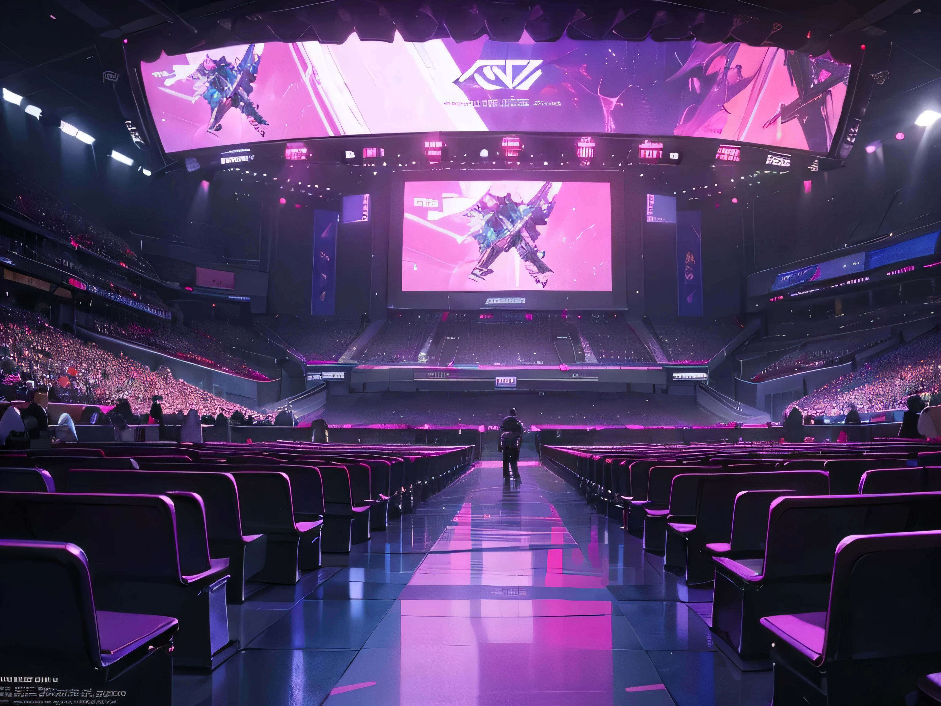 The exterior of the stadium is a futuristic marvel, with sleek metallic panels and glass facades gleaming under the neon glow. Giant LED screens wrap around the building, displaying vibrant animations and advertisements, while neon signs emblazoned with the logos of top gaming teams add a pop of color to the skyline.

As you enter the stadium, you're greeted by a foyer that resembles the entrance to an exclusive club. Neon-lit pathways lead you through the dimly lit space, where plush seating areas offer a place to relax and socialize before the main event. The walls are adorned with graffiti-style murals depicting iconic video game characters, adding an edgy vibe to the atmosphere.

Moving deeper into the stadium, you step into the main arena, where the true magic happens. The seating area surrounds a state-of-the-art stage, bathed in neon lights and equipped with the latest in audiovisual technology. Giant screens suspended from the ceiling display the action up close, while immersive sound systems pump out the pulse-pounding soundtrack of the games.

The seating itself is designed for maximum comfort and style, with plush chairs arranged in tiers around the stage, each one equipped with built-in LED lighting that pulses in time with the music. VIP booths line the perimeter of the arena, offering an elevated viewing experience complete with bottle service and private screens.

As the e-sports matches begin, the stadium comes alive with energy. Neon lights flash and flicker in time with the action on screen, casting dynamic patterns across the arena. The crowd erupts into cheers and applause, their excitement palpable as they root for their favorite teams.

In this e-sports stadium filled with neon lights and club-like designs, the boundaries between virtual and reality blur, creating an immersive experience that will leave you breathless. Welcome to the future of gaming.