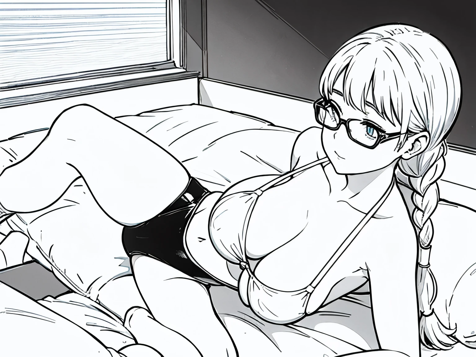 sex girl is on top of a guy　the girl looks up　hentai big tits　Glasses　Braid　school swimwear