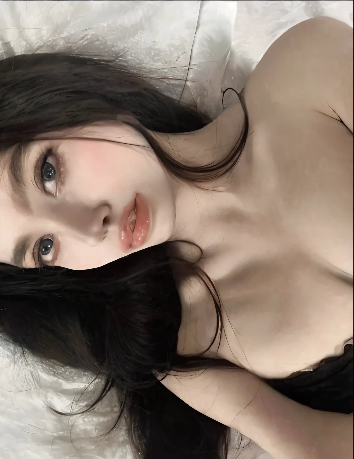 Mujer araffed en un sujetador negro acostada en una cama, 18 years, sexy look at the camera, 2 4 year old female model, pelo negro y ojos grandes, 16 years old, 22 years, hermoso cuerpo y rostro detallados, she is about 20 years old, she is about 2 0 years old, 21 years