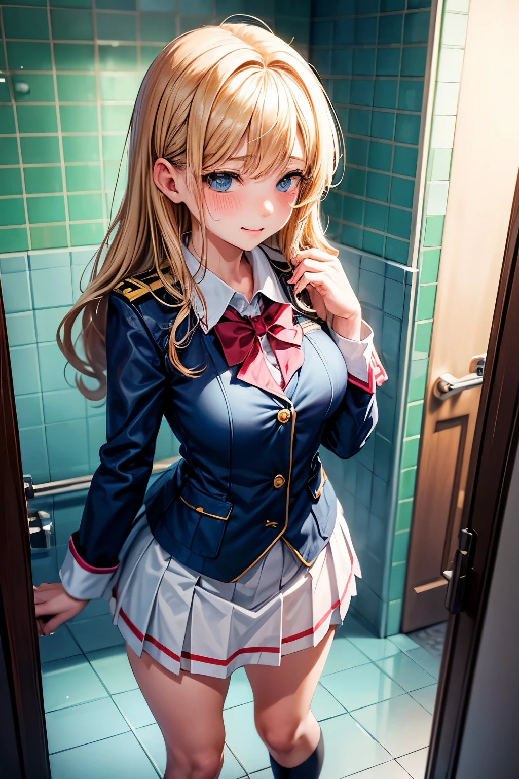 (best quality, highres:1.5), 1 girl, elementary school student, Tsundere personality, small breasts, erotic scene, bathroom setting, school uniform,

Masterpiece in ultra-detailed illustration,
A young girl with a Tsundere demeanor,
Small, tender breasts peek through her uniform,
Bathroom scene with water droplets,
Intimate and sensual, yet gently suggestive imagery,

Detailed rendering,
Her uniform, complete with school logo,
Splashes of water on the tiled floor,
Realistic wet hair and towel in hand,
Bashful, demure expression,
Embarrassed bl