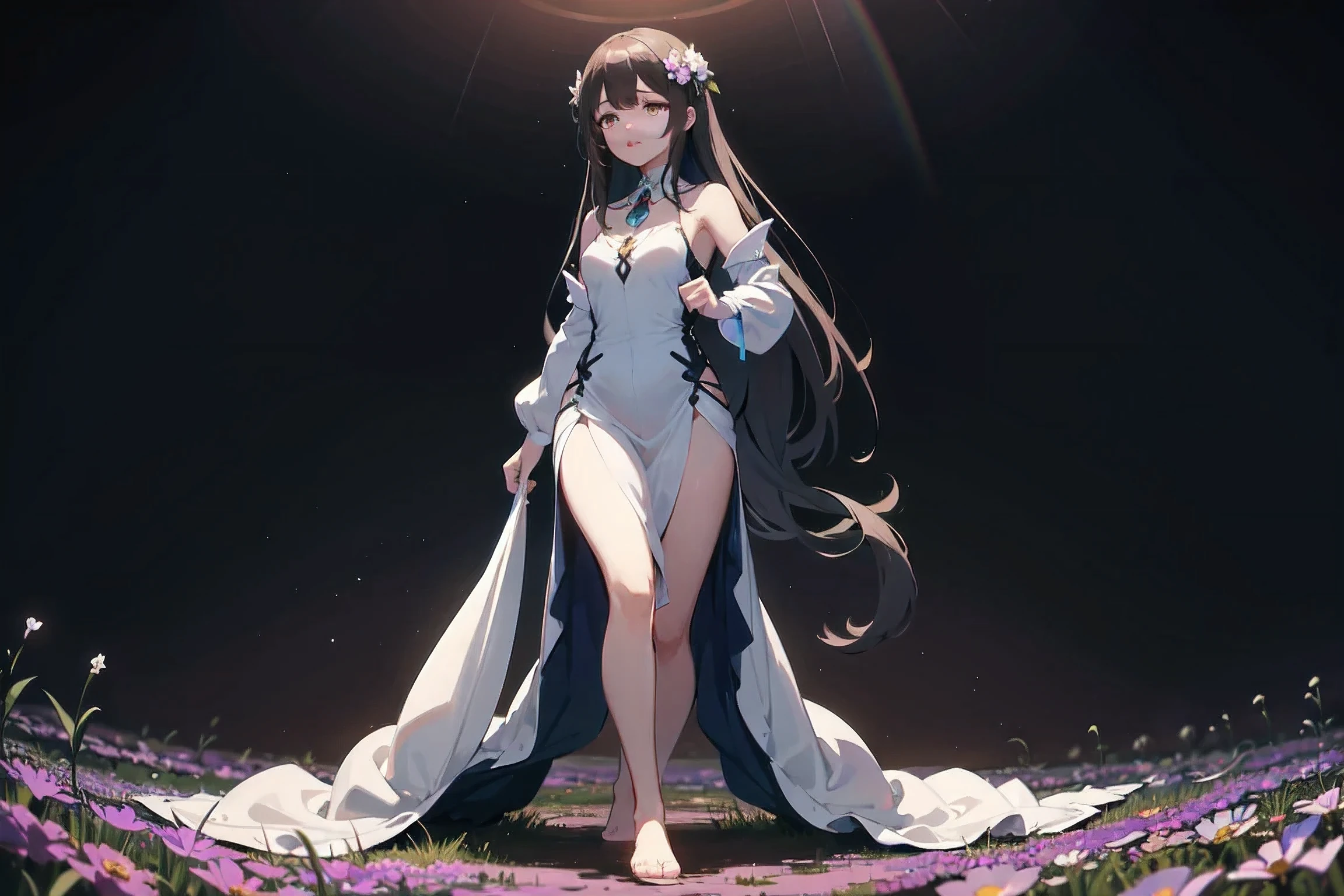 A beautiful and magical elemental girl with long flowing hair., Ethereal spiritual clothing, Walking through a field of crystal flowers amidst the dark rainbow moonlight, the flowers glowed brightly.