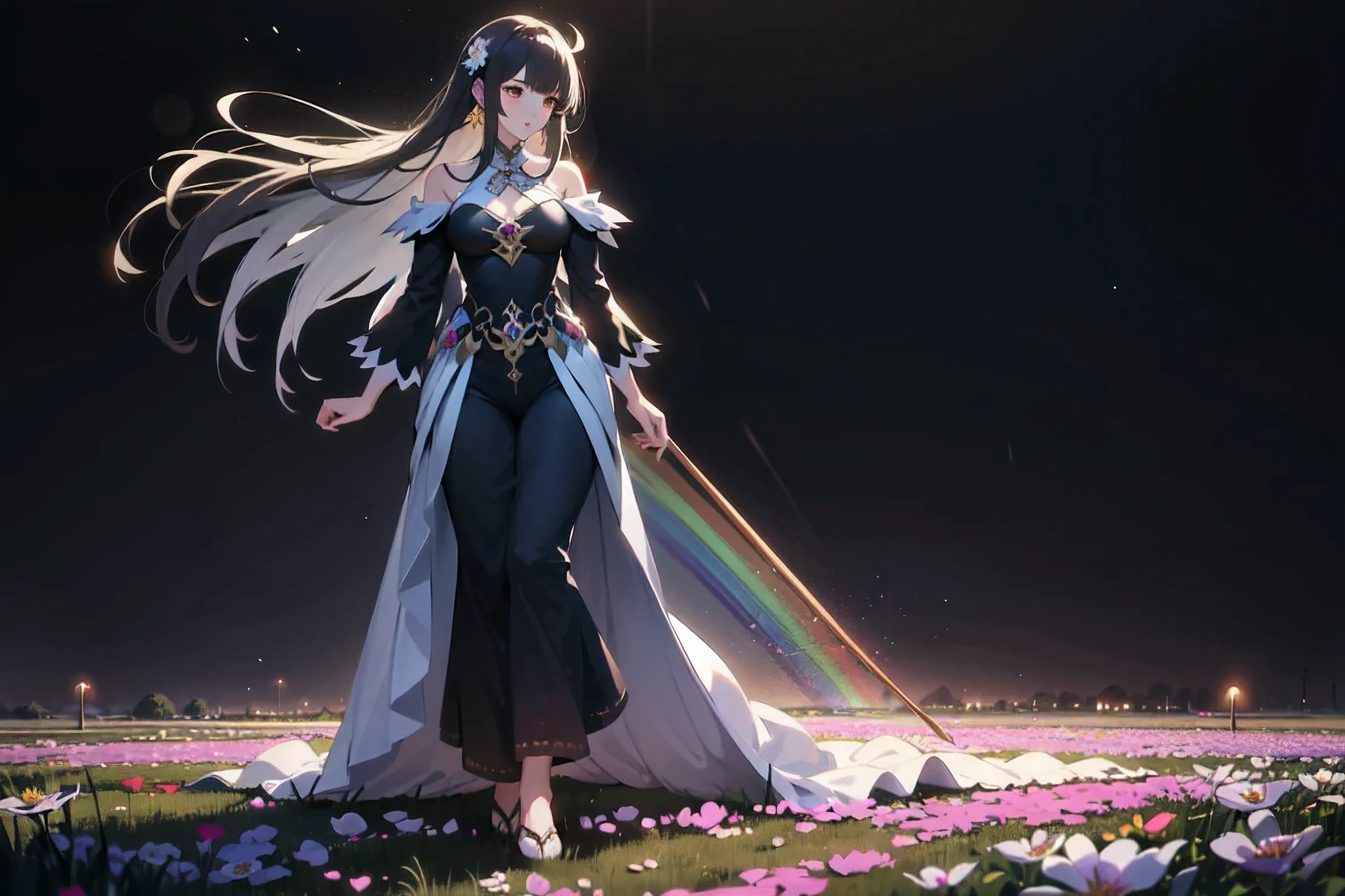 A beautiful and magical elemental girl with long flowing hair., Ethereal spiritual clothing, Walking through a field of crystal flowers amidst the dark rainbow moonlight, the flowers glowed brightly.