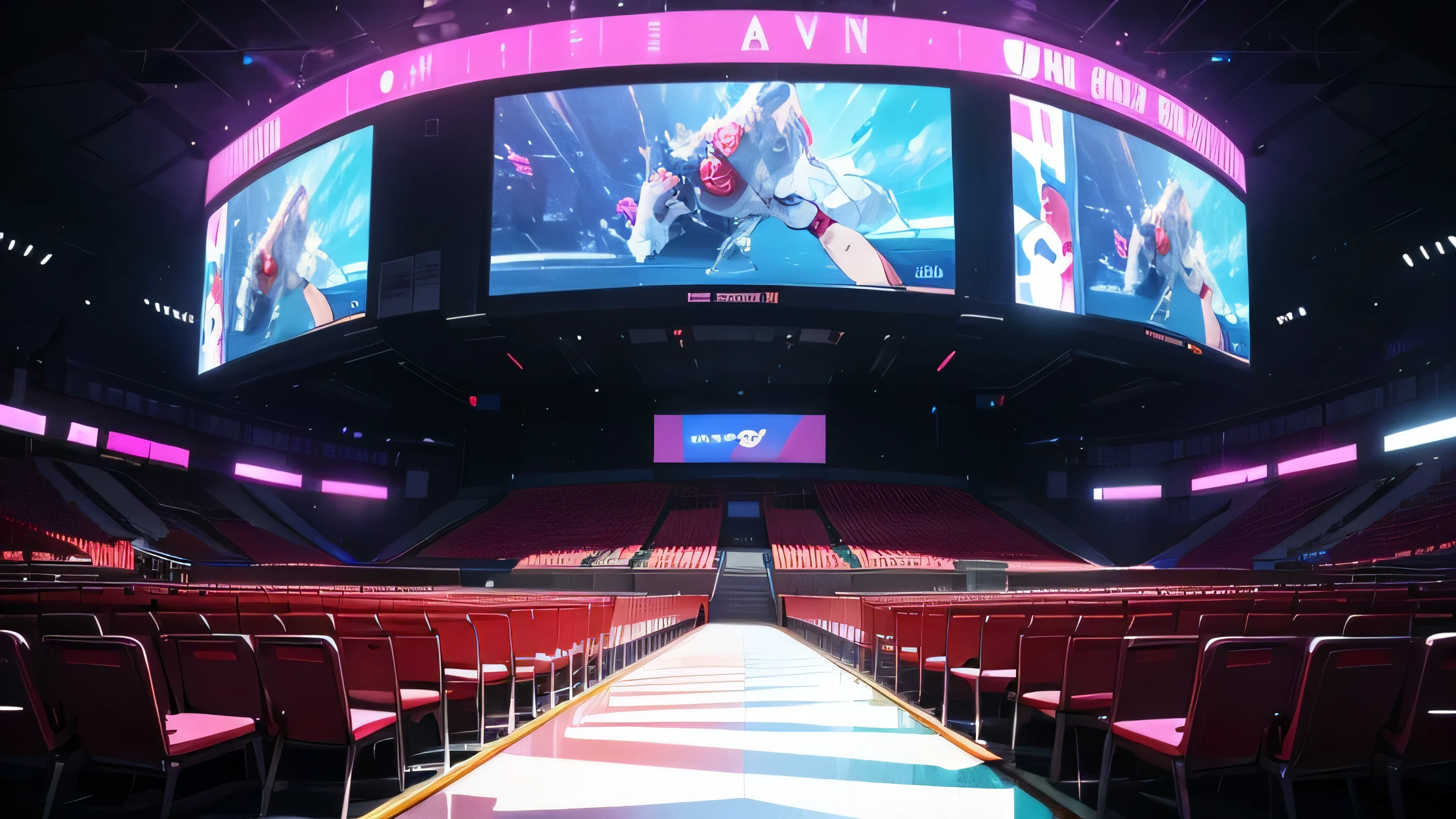 The exterior of the stadium is a futuristic marvel, with sleek metallic panels and glass facades gleaming under the neon glow. Giant LED screens wrap around the building, displaying vibrant animations and advertisements, while neon signs emblazoned with the logos of top gaming teams add a pop of color to the skyline. As you enter the stadium, you're greeted by a foyer that resembles the entrance to an exclusive club. Neon-lit pathways lead you through the dimly lit space, where plush seating areas offer a place to relax and socialize before the main event. The walls are adorned with graffiti-style murals depicting iconic video game characters, adding an edgy vibe to the atmosphere. Moving deeper into the stadium, you step into the main arena, where the true magic happens. The seating area surrounds a state-of-the-art stage, bathed in neon lights and equipped with the latest in audiovisual technology. Giant screens suspended from the ceiling display the action up close, while immersive sound systems pump out the pulse-pounding soundtrack of the games. The seating itself is designed for maximum comfort and style, with plush chairs arranged in tiers around the stage, each one equipped with built-in LED lighting that pulses in time with the music. VIP booths line the perimeter of the arena, offering an elevated viewing experience complete with bottle service and private screens. As the e-sports matches begin, the stadium comes alive with energy. Neon lights flash and flicker in time with the action on screen, casting dynamic patterns across the arena. The crowd erupts into cheers and applause, their excitement palpable as they root for their favorite teams. In this e-sports stadium filled with neon lights and club-like designs, the boundaries between virtual and reality blur, creating an immersive experience that will leave you breathless. Welcome to the future of gaming.