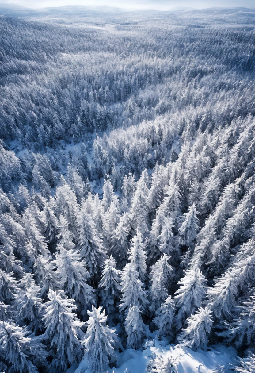 Top view of a winter forest from high in the sky，Fantasy snow scene from high altitude，You can feel the complex ecosystem. The perspective of aerial photography allows us to appreciate the beautiful scenery and intricate details of the landscape from a bird&#39;s-eye perspective. Fantasy landscape art , masterpiece, Beautiful detailed ultra high definition beautiful art 