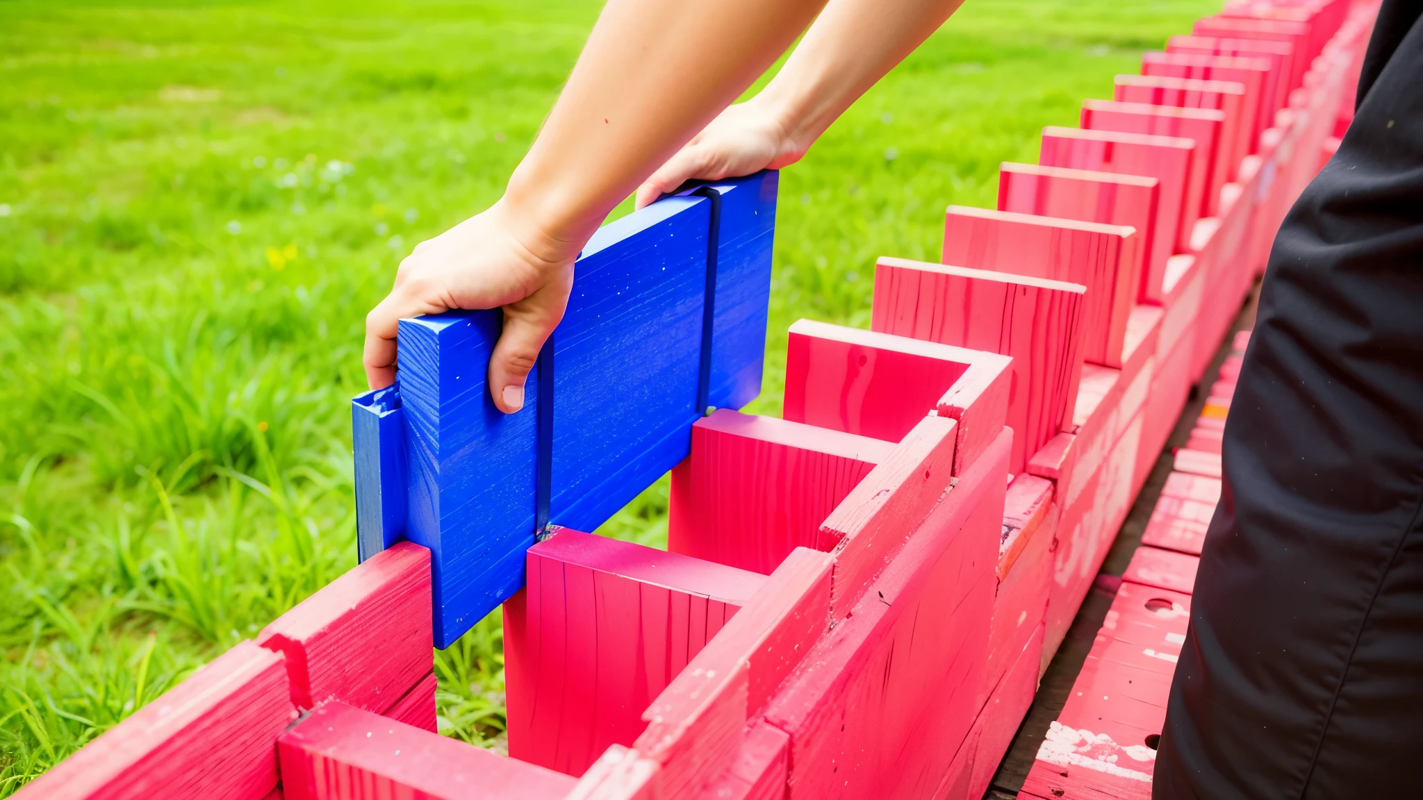 someone is placing a color red and blue wood block into a red and blue box, bright construction materials, easy, same design, 16k resolution, with expression, realistic image, hyper realistic image,
