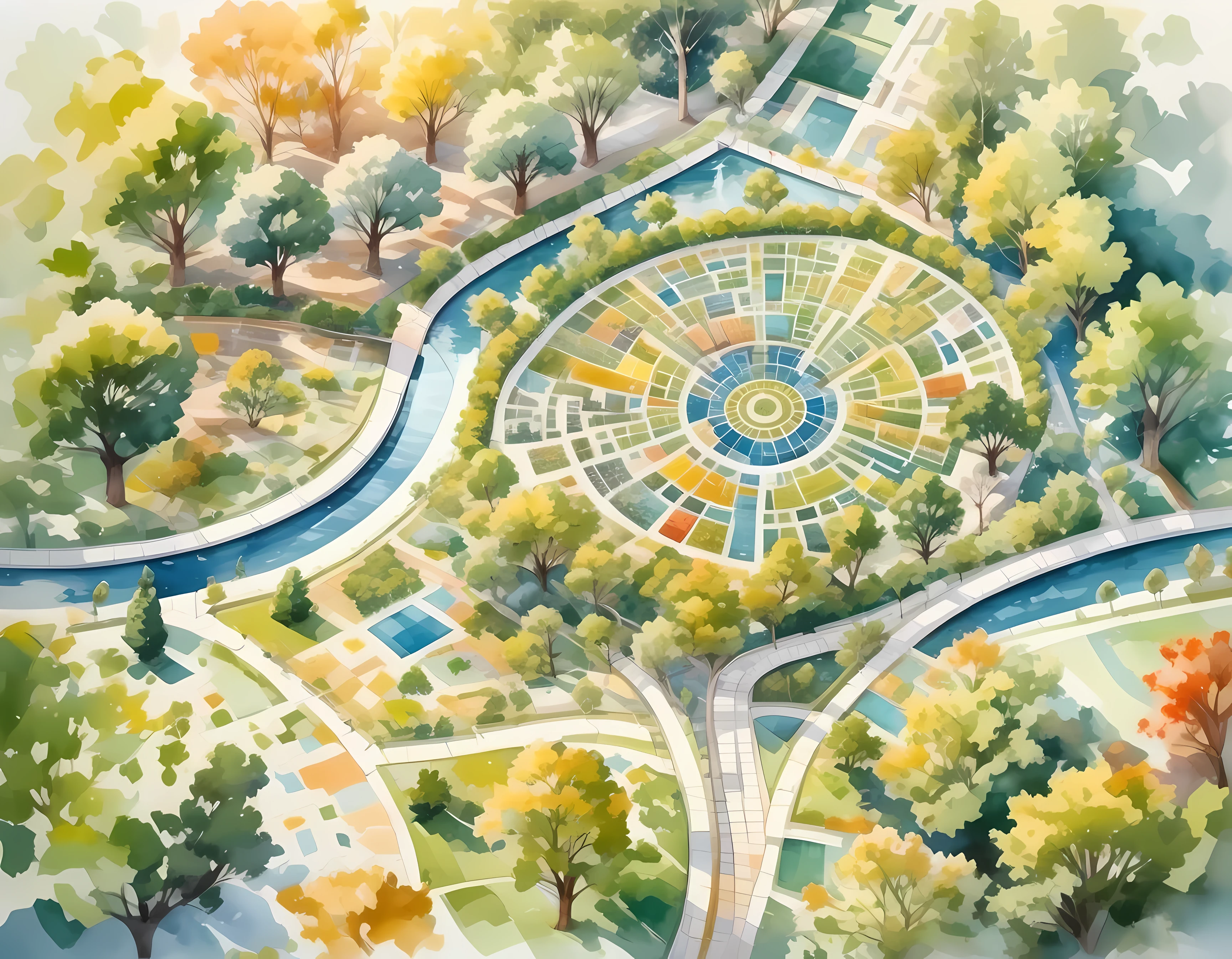 Watercolor painting, masterpiece in maximum 16K resolution, superb quality, epic cartoon drawing of a breathtaking aerial view of a parkland mosaic, divided into a grid-like pattern, showcasing diverse park features with contrasting colors and textures, illuminated with warm, natural light for depth and detail. | ((More_Detail))