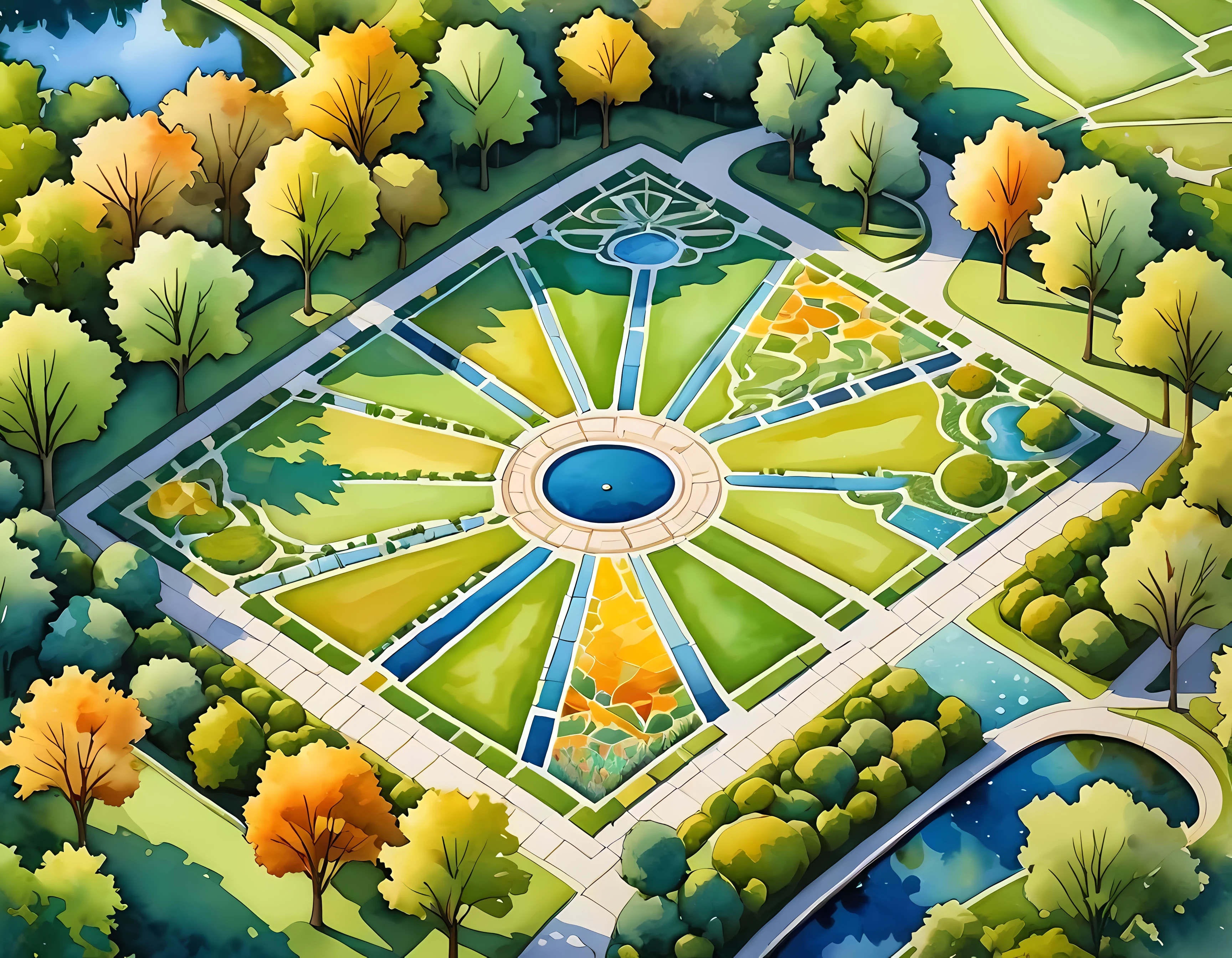 Watercolor painting, masterpiece in maximum 16K resolution, superb quality, epic cartoon drawing of a breathtaking aerial view of a parkland mosaic, divided into a grid-like pattern, showcasing diverse park features with contrasting colors and textures, illuminated with warm, natural light for depth and detail. | ((More_Detail))