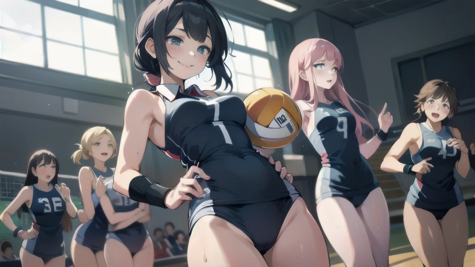 unity 8k wallpaper, anatomically correct, (((masterpiece))), (((best quality))), (((ultra detailed))), (((high-resolution))), ((super fine illustration)), ((Ultimate cutie)), ((detailed beautiful face)), perfect hands, perfect finger, (((good anatomy))), BREAK, multiple girls, lovingly gaze, harem, group picture, , (potbelly), (Curve), medium breasts, ((thick thighs)), Shiny hair, (((coquettish smile))), (((blush))), BREAK, Adidas, Sleeveless collared Volleyball Uniforms, ((wristbands)), BREAK, (Hold the beautiful spherical 6-inch volleyball), ((Sweat)), (perspired), (Heavy breathing), in gymnasium, in volleyball court, depth of field, strong light, cowboy shot,,