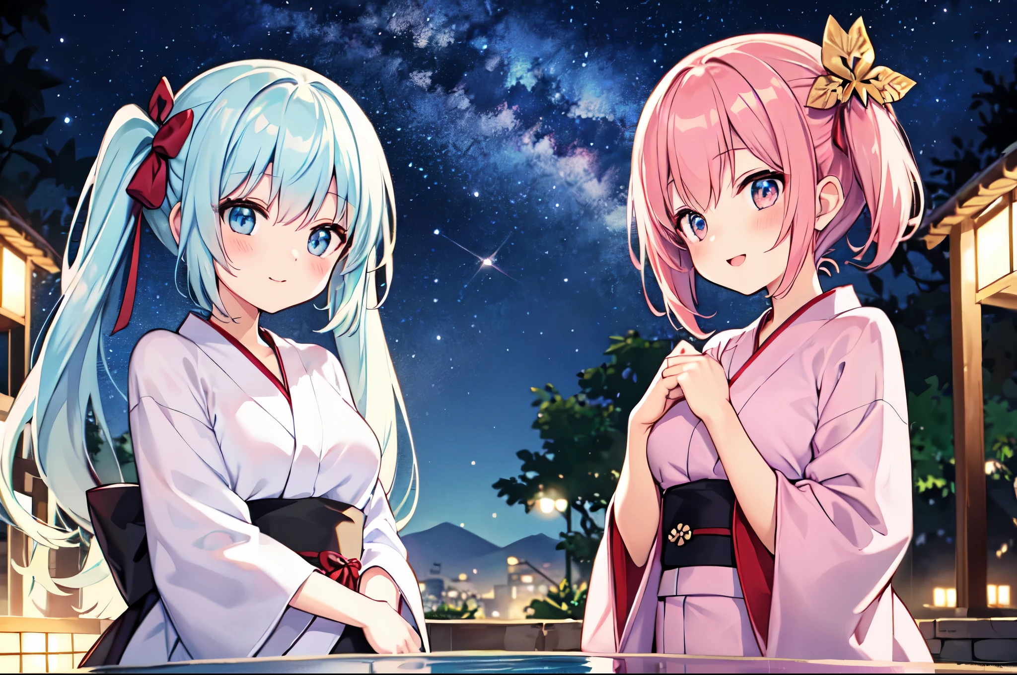 （masterpiece）、(highest quality)、((Super detailed))、(super delicate)、pastel colored hair、beautiful breasts、yukata、Hot spring at night、fantastic starry sky