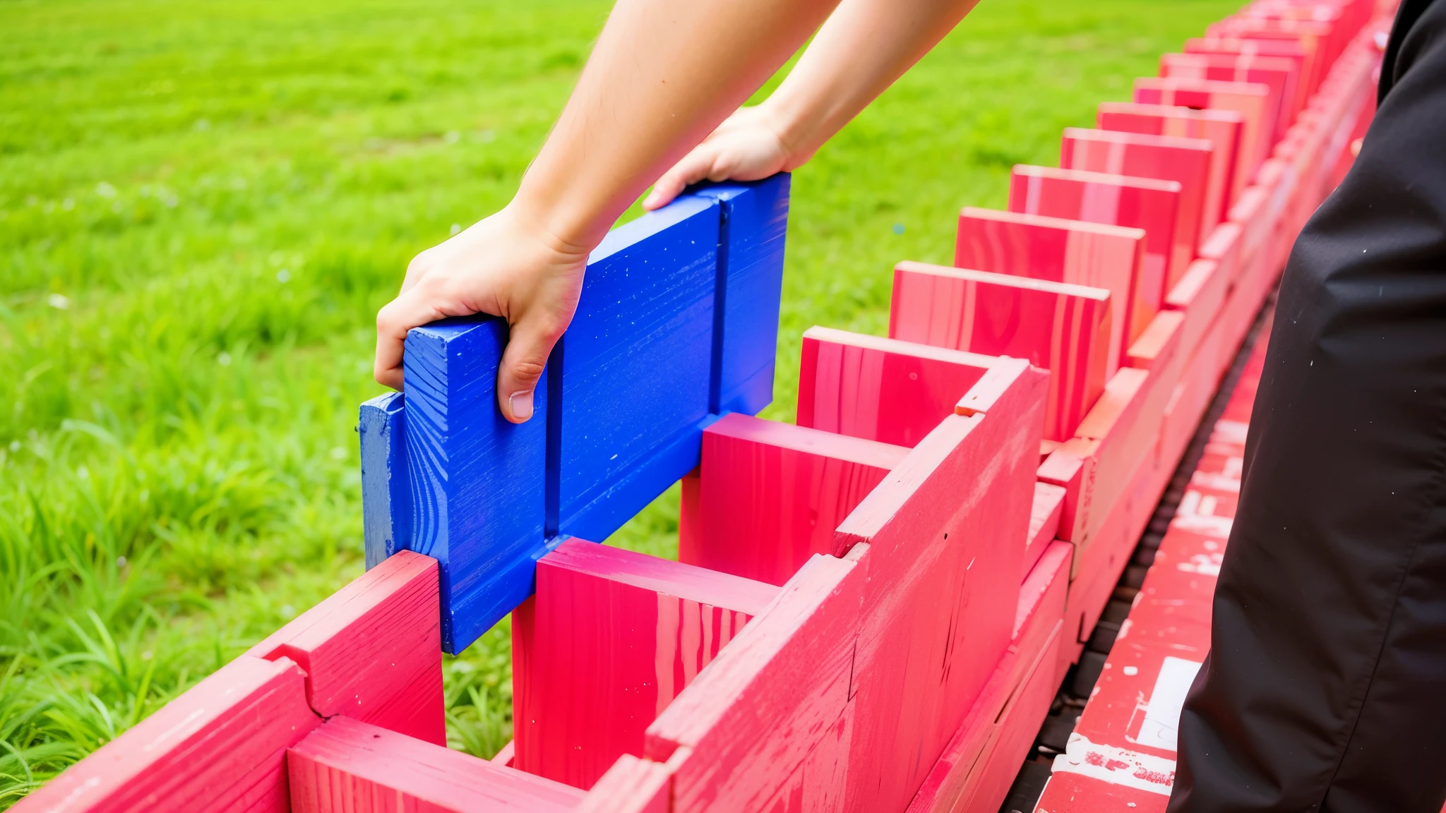 someone is placing a color red and blue wood block into a red and blue box, bright construction materials, easy, same design, 16k resolution, with expression, realistic image, hyper realistic image,