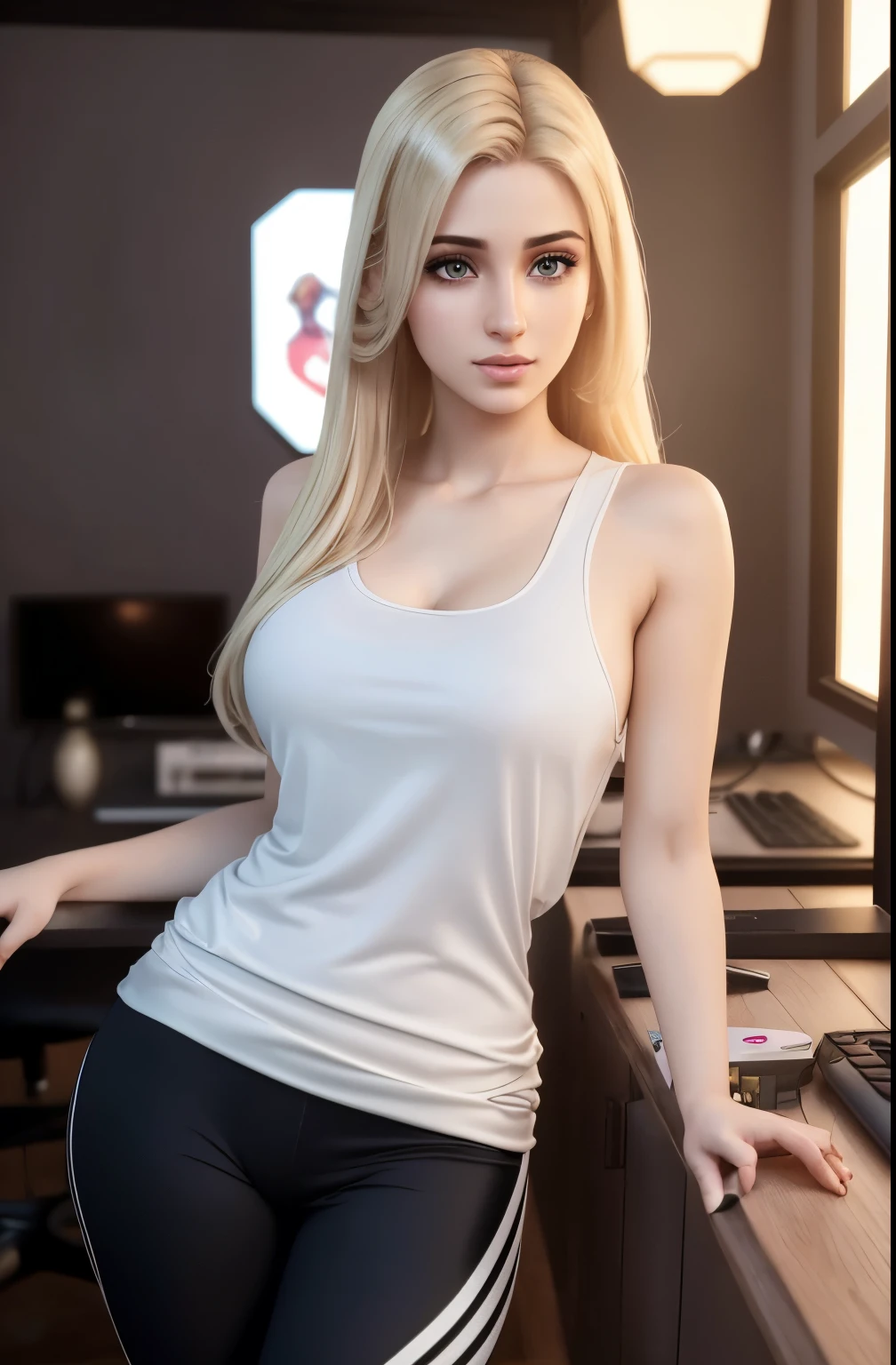 Ultra realistic, Cinematic, portrait of Arabic beautiful 22 years old woman, blonde hair, body, full body,pale skin, beautiful face, detailed face, hip is cocked and wide, casual wear, tank top, leggings, gamer, playing videogame,gamer girl  , Standing, ((looking at viewer:1.4)),((face towards