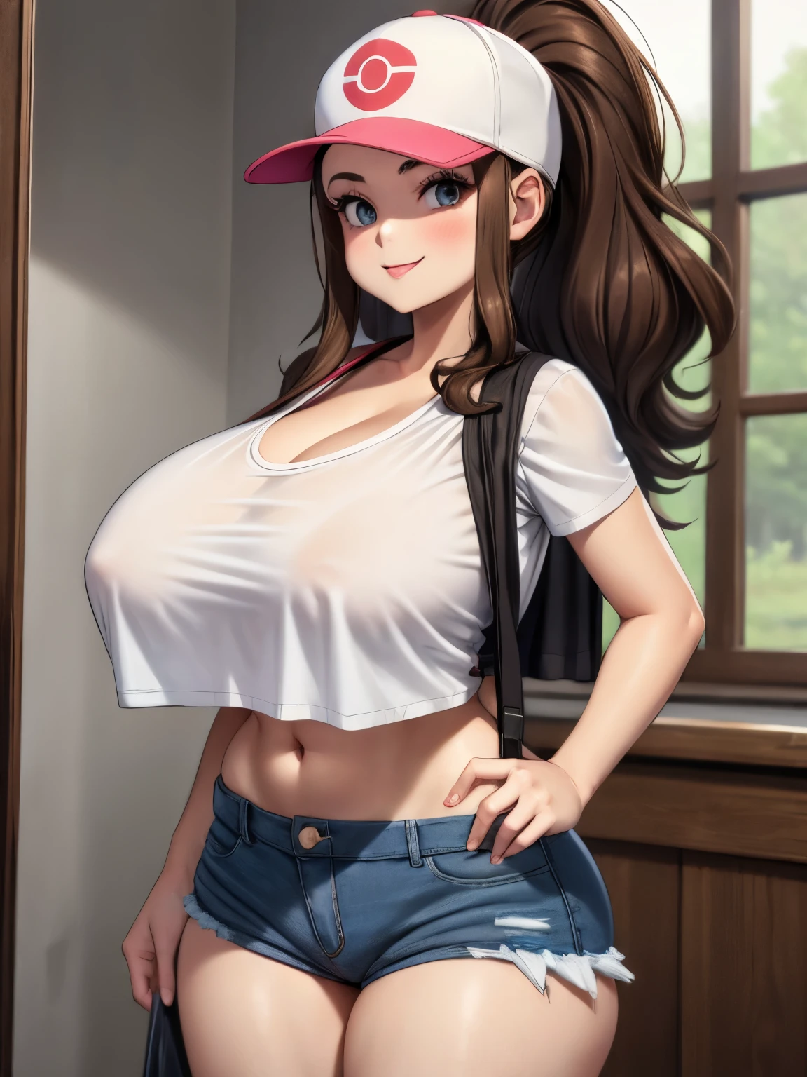 masterpiece, best quality, hilda, 1girl, busty, denim shorts, midriff, looking at viewer, white shirt, short sleeves, smile,hands in pockets, short shorts, boob curtain, undersized clothes, underboob, skindentation, undersized shorts, large ass, thick thighs, low rise shorts, high ponytail, brown hair, baseball cap