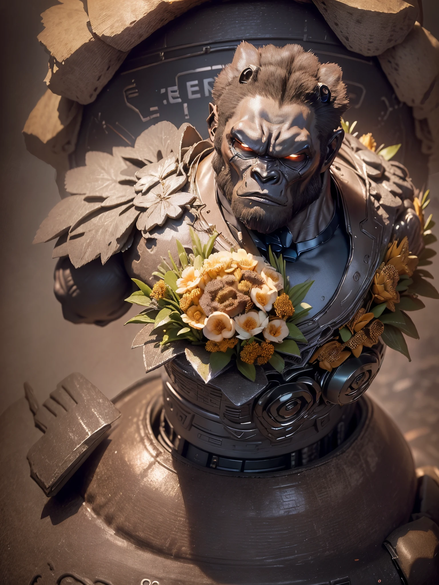 Silverback Gorilla，android gorilla、surreal，8k，wear a tie，Wear cyber armor、muscular、strong with sunglasses，Dark Black Tones、(綺麗なbouquet💐ブーケを手に持って、Give away:1.4)bouquet💐