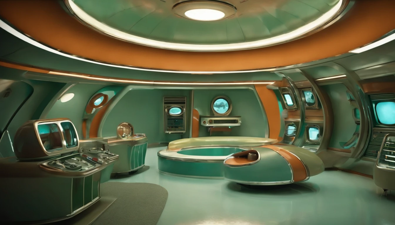 interior image of a futuristic planetary observation station retro look 1950, setting of an old TV series from the 1950s, pouco brilho, insert characters with retro-futuristic costumes like in the Lost in Space series