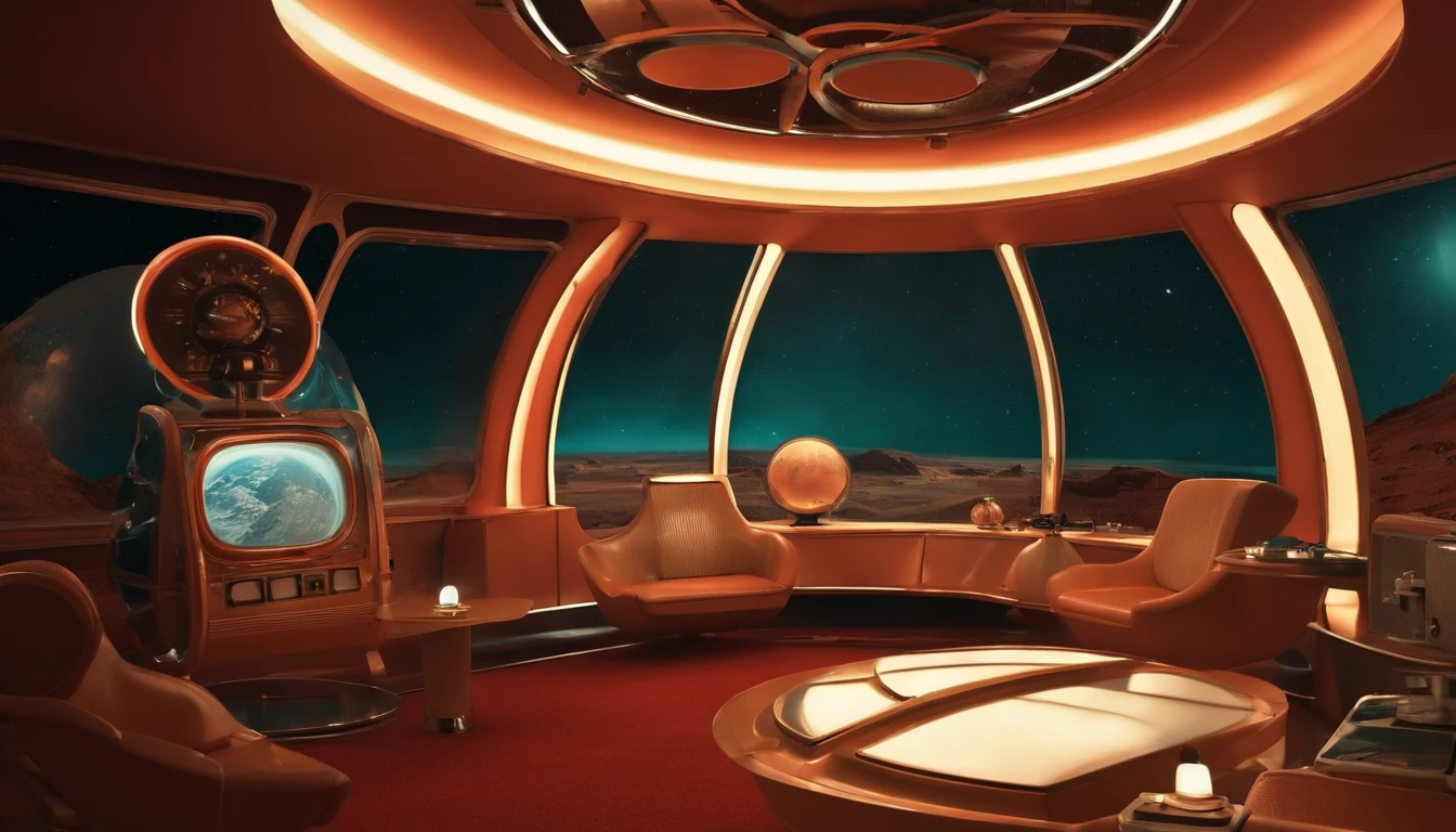 interior image of a futuristic planetary observation station retro look 1950, setting of an old TV series from the 1950s, pouco brilho, insert characters with retro-futuristic costumes like in the Lost in Space series