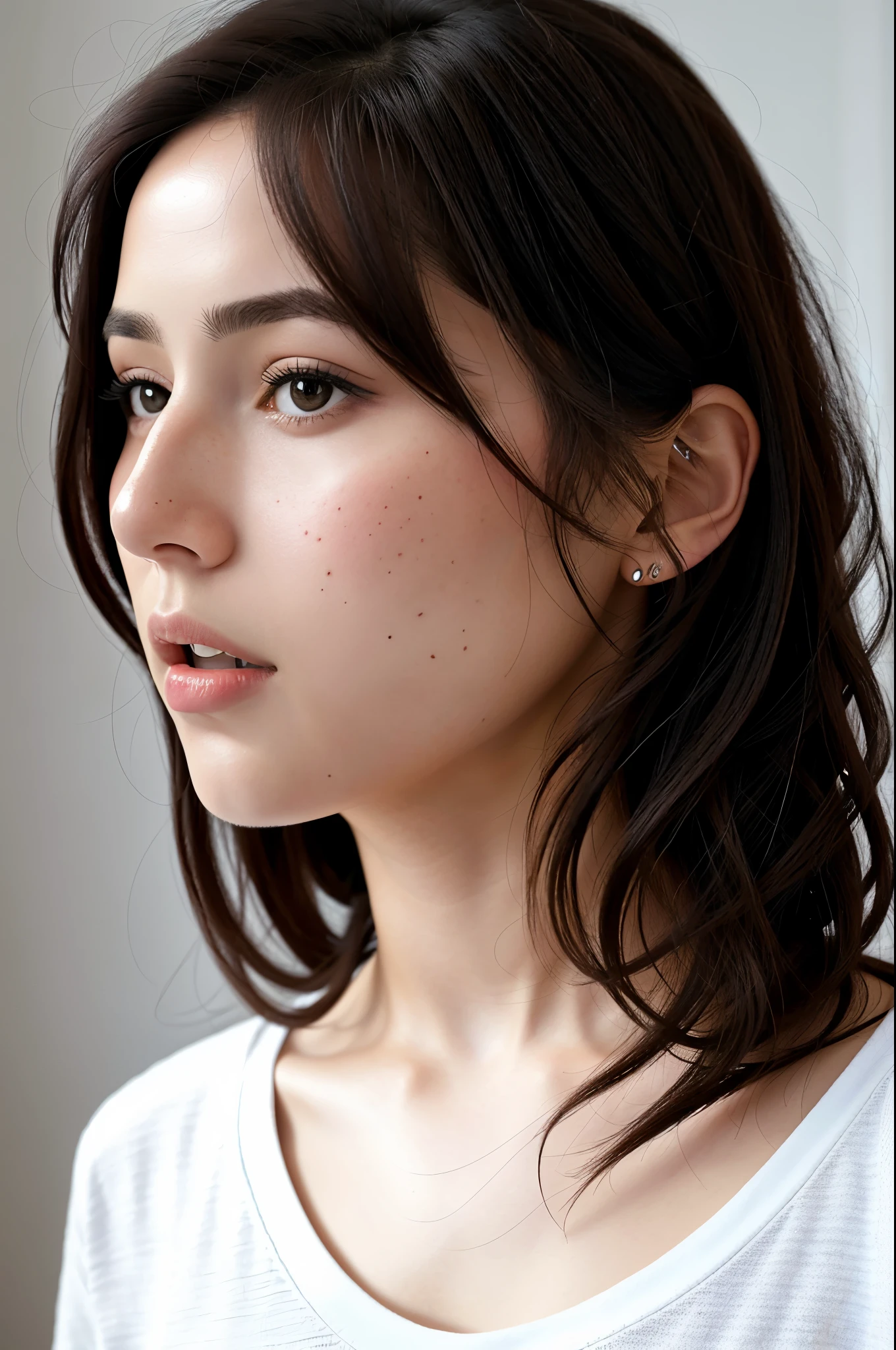 Retrato detallado y realista de una mujer con algunas pecas, ojos redondos y pelo corto desordenado, vistiendo una camiseta blanca, looking to the camera, labios agrietados, luz natural suave, portrait photography, magic photography, dramatic lighting, photorealism, ultra detallado, Intimate portrait composition, Leica 50mm, F1. 4 piezas