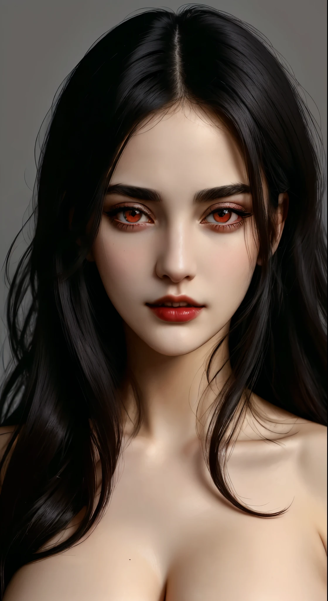(best quality, hyperdetailed photography:1.2), beautiful lady, ,red eyes , black hair,dark makeup, soft light, snoopy breast,head and breast portrait, cover, (detailed beautiful face, detail skin texture, ultra-detailed body:1.1) sexy vampire girl,, massive perfect breast, closeup portrait, sexy woman,